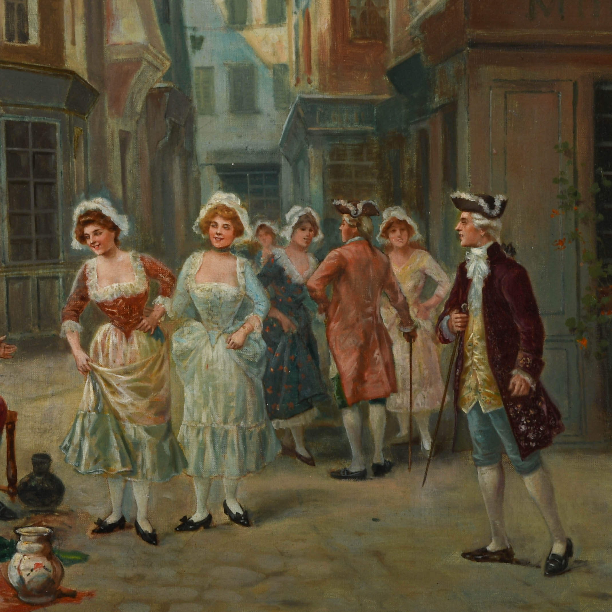 Antique Framed Signed José Maria Jardines Oil on Canvas Figures in City-3