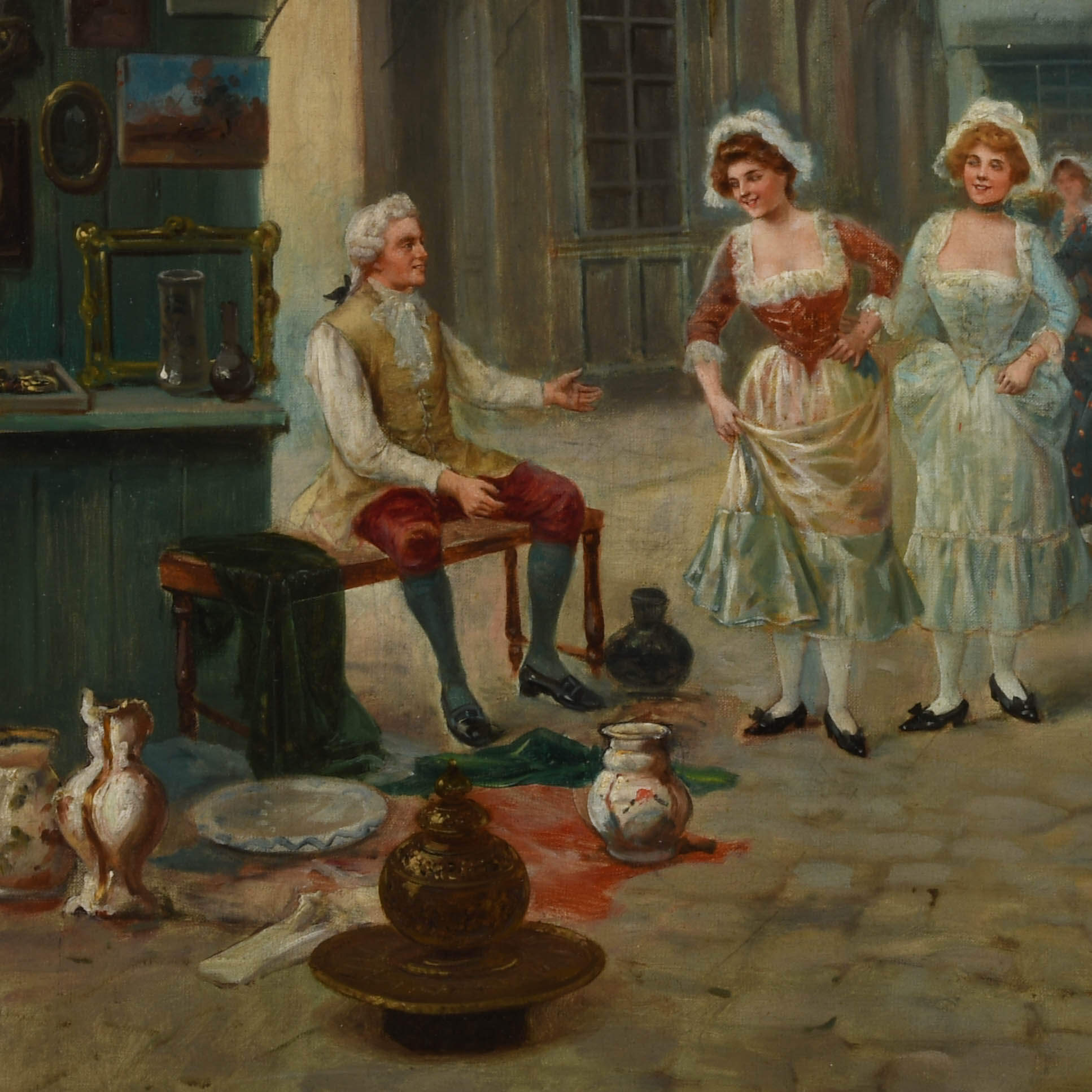 Antique Framed Signed José Maria Jardines Oil on Canvas Figures in City-2