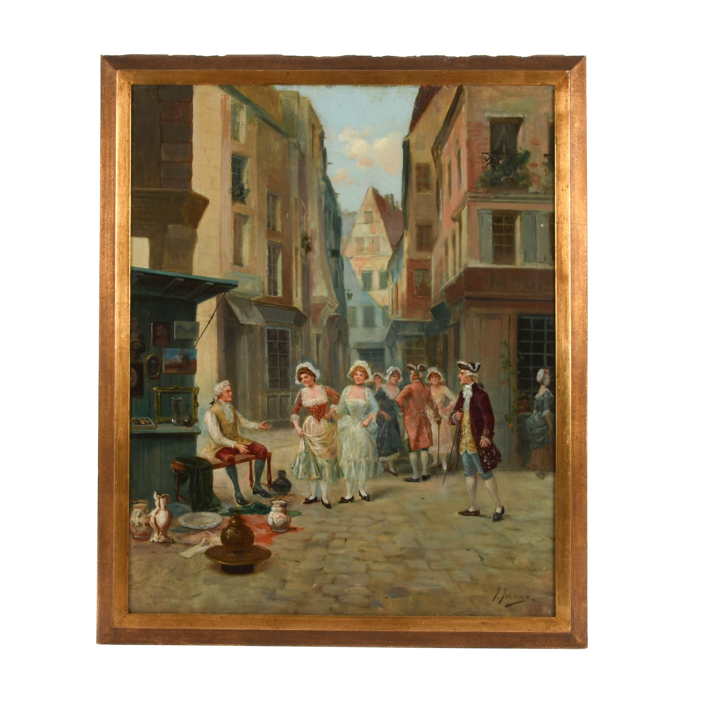 Antique Framed Signed José Maria Jardines Oil on Canvas Figures in City-1
