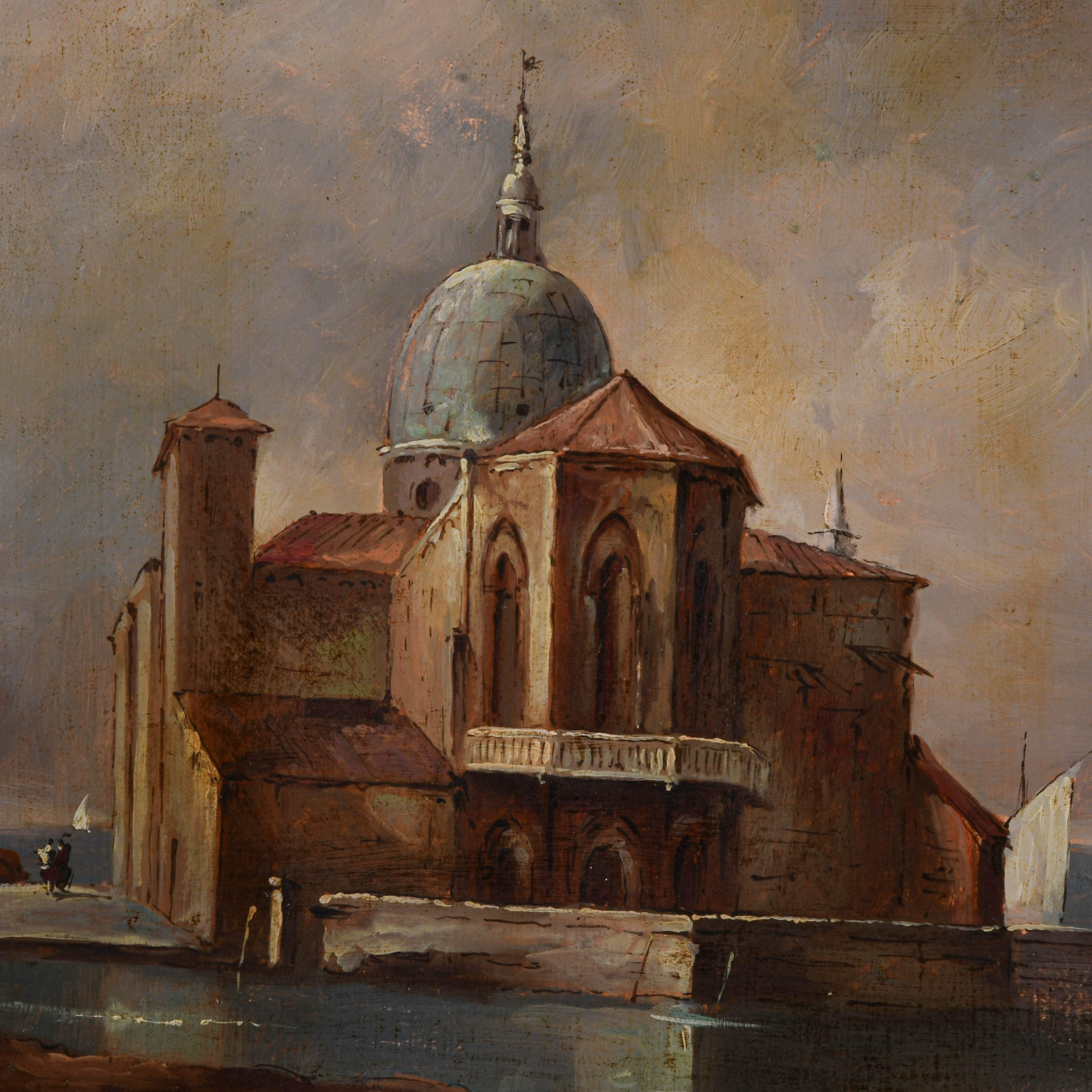 Antique Framed Oil on Canvas San Giorgio, Venice Harbor Painting-3