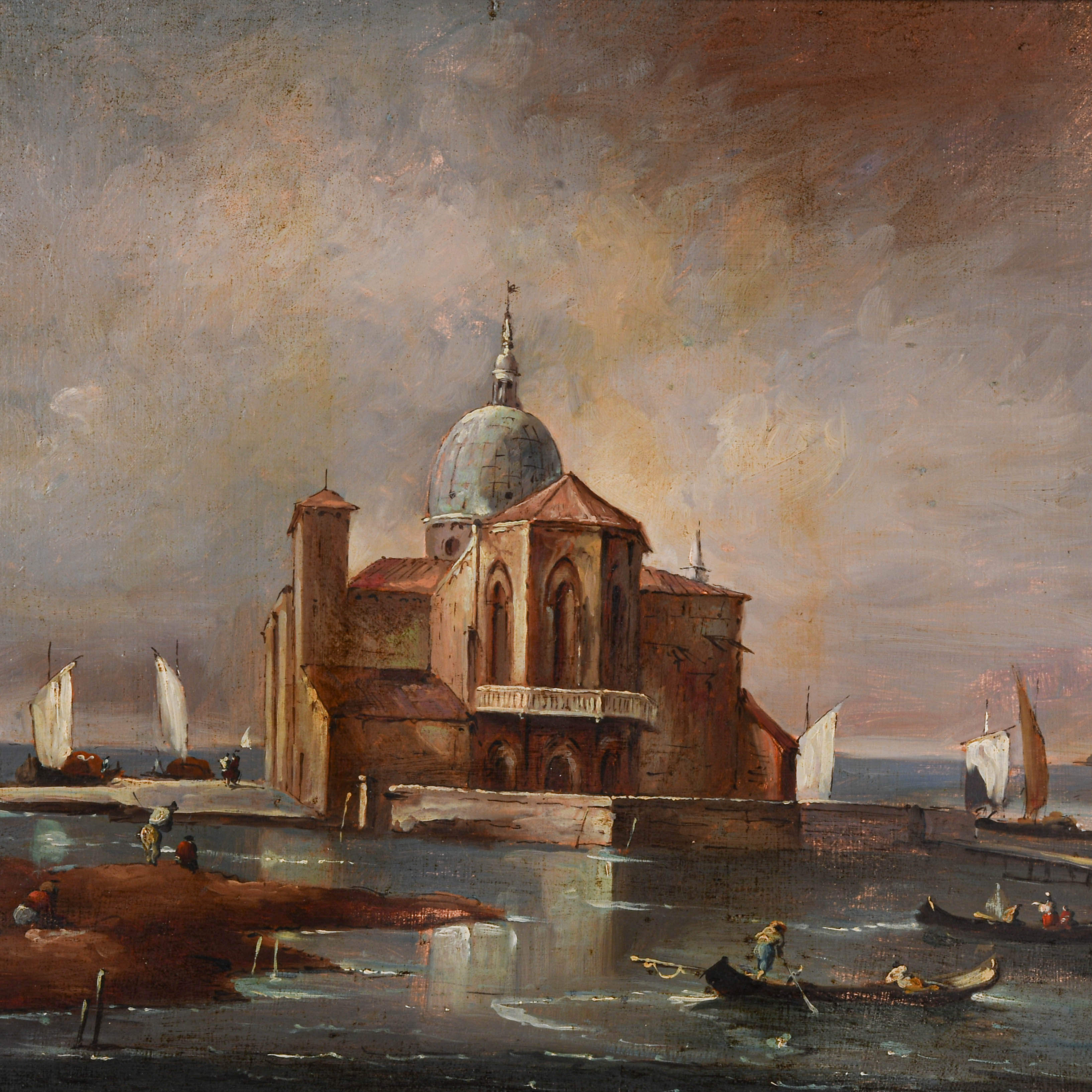 Antique Framed Oil on Canvas San Giorgio, Venice Harbor Painting-2