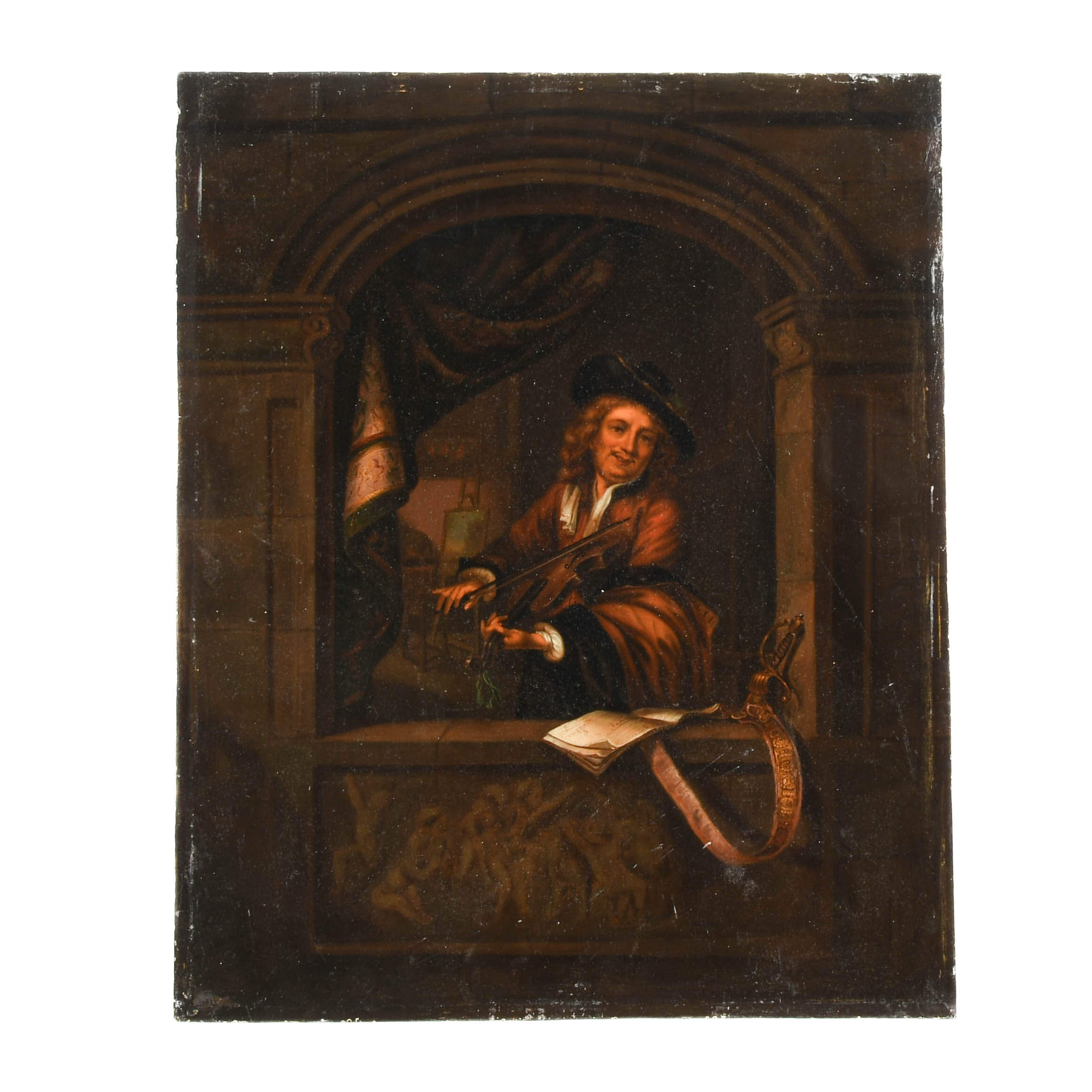 Antique Oil on Metal Gerrit Dou-Style "The Violin Player"-1