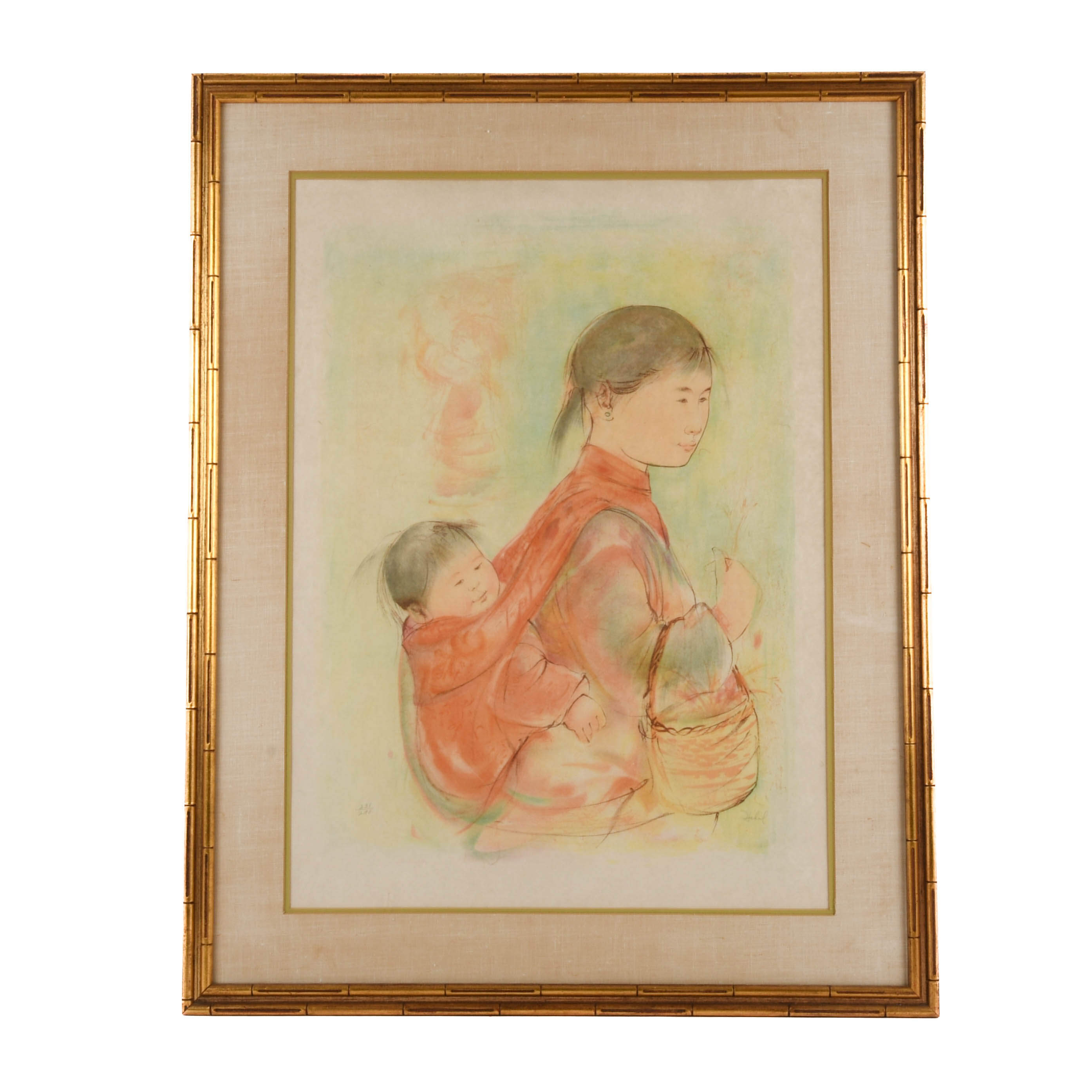 Framed Signed Edna Hibel "Japanese Family" Lithograph Limited-Edition-1
