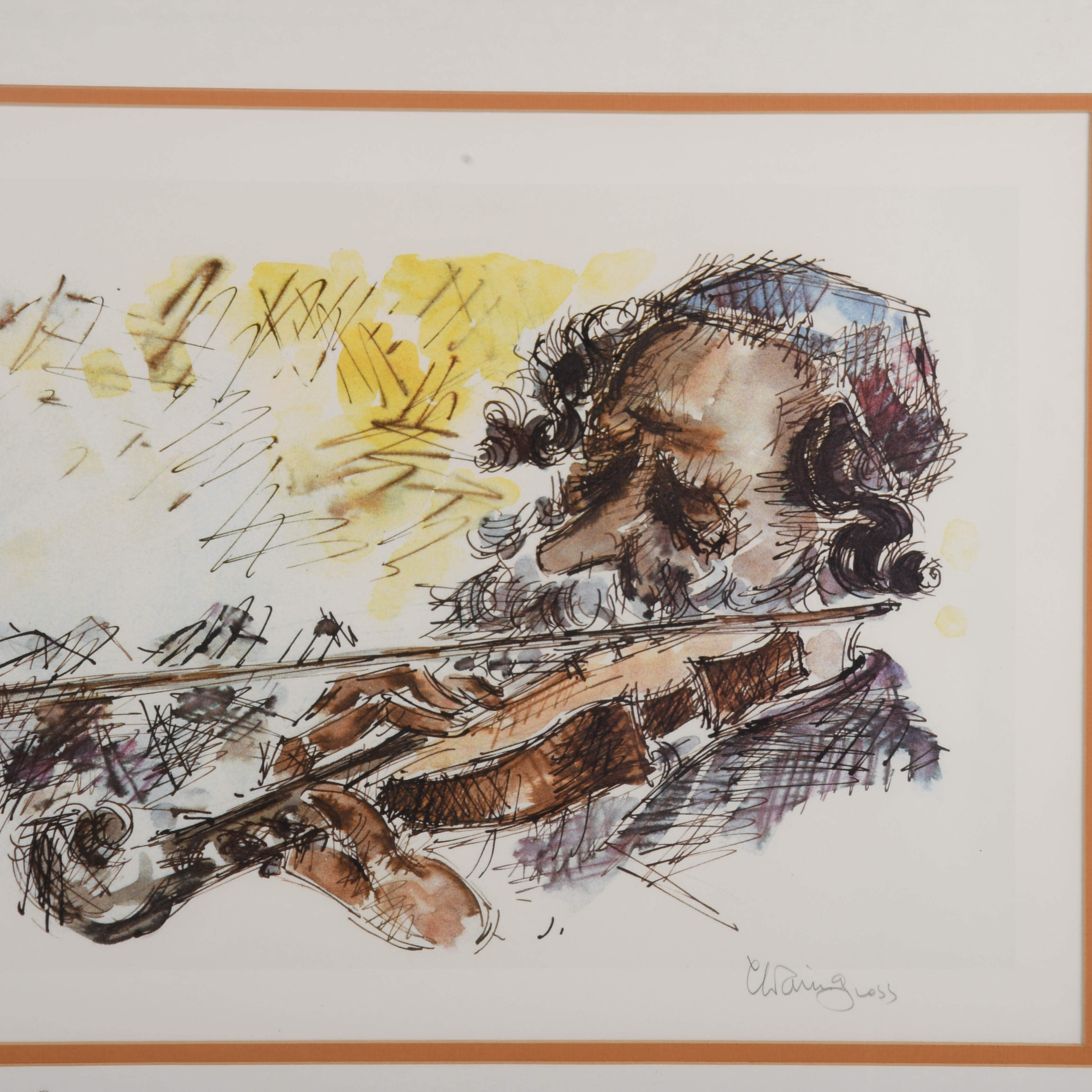 Framed Signed Chaim Gross Fiddler Lithograph-2