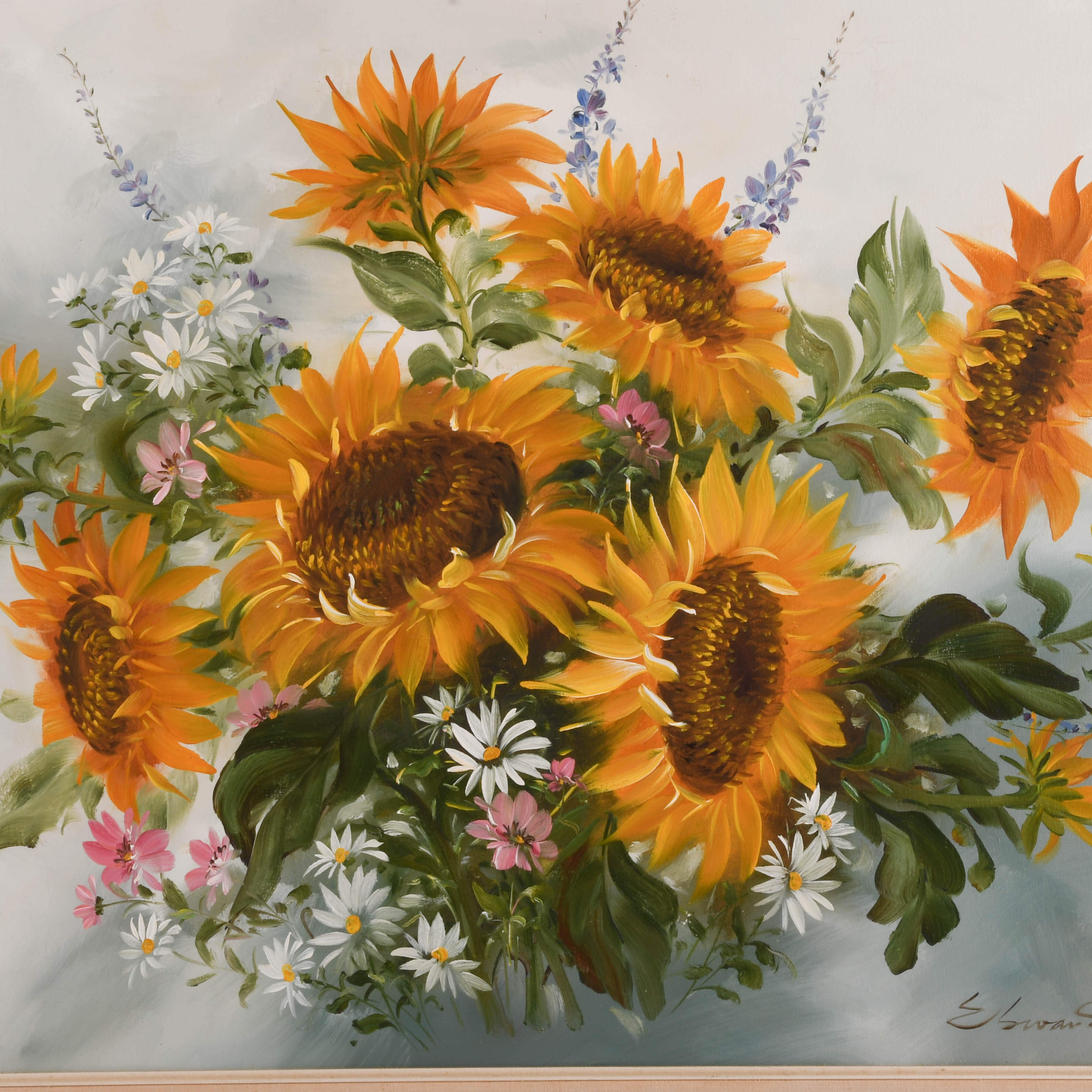 Framed Signed Sunflower Spray Oil Painting on Canvas-2