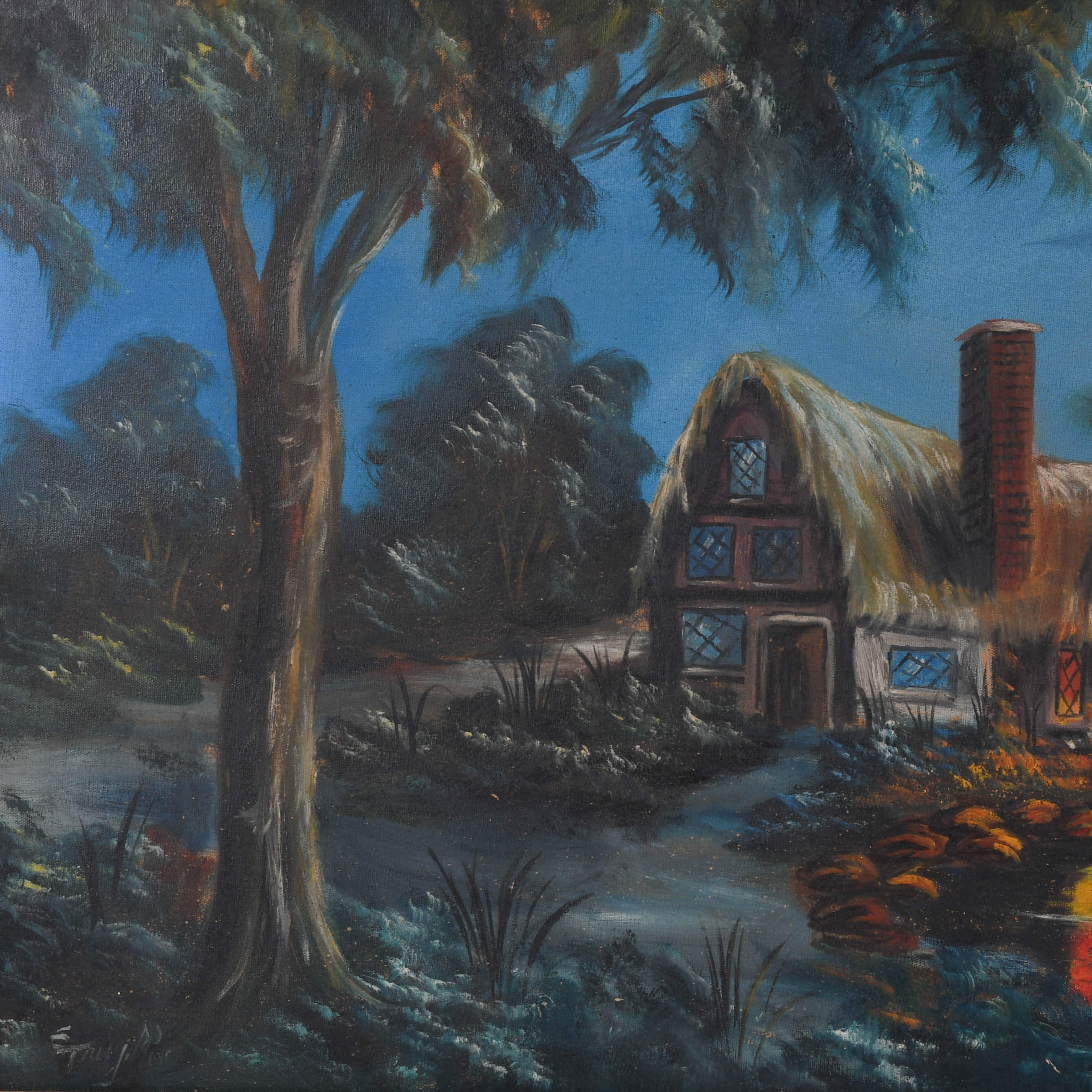 Antique Framed Signed Lonely Cottage Oil on Canvas-3
