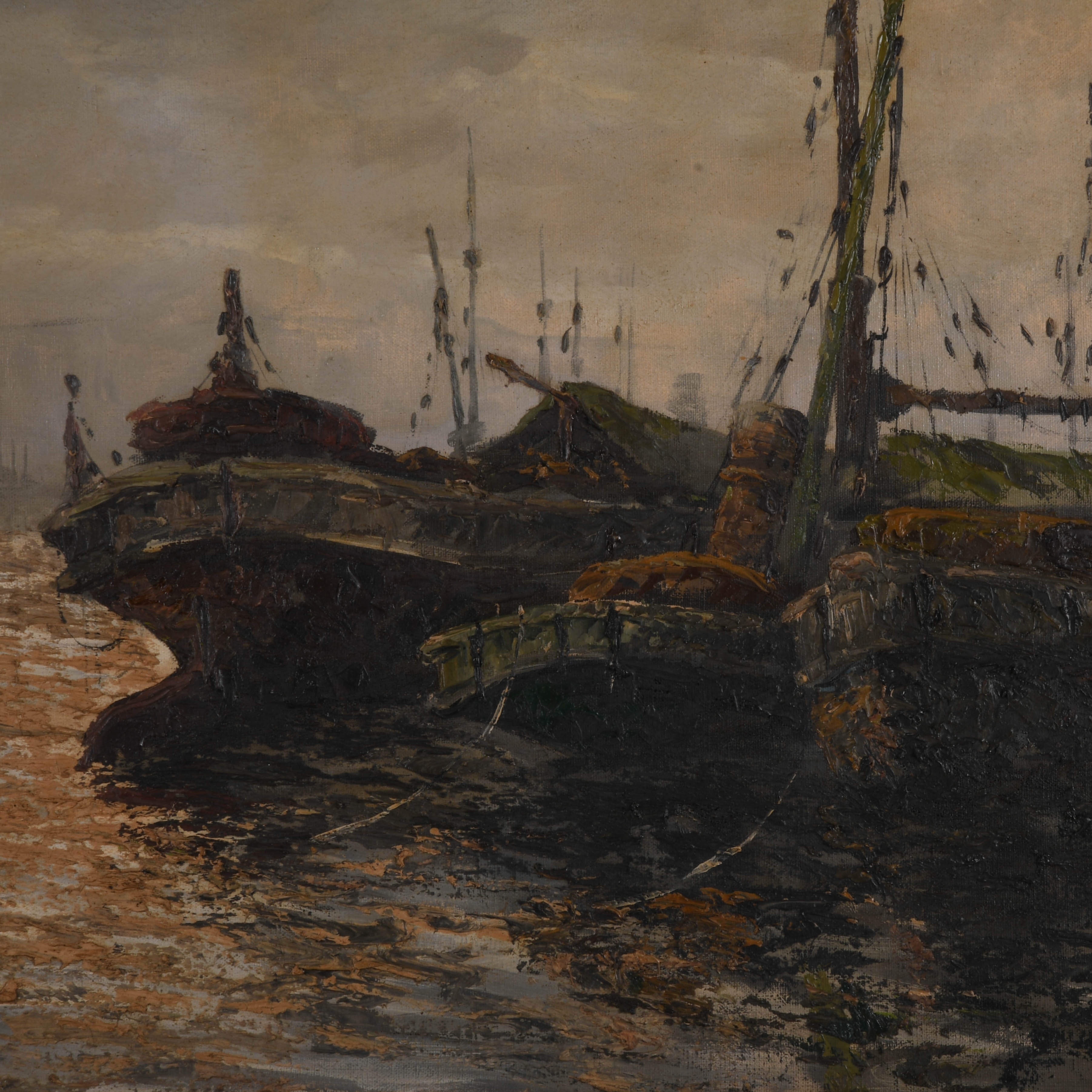 Antique Signed Michel Girard Industrial Port Oil on Canvas Painting-4