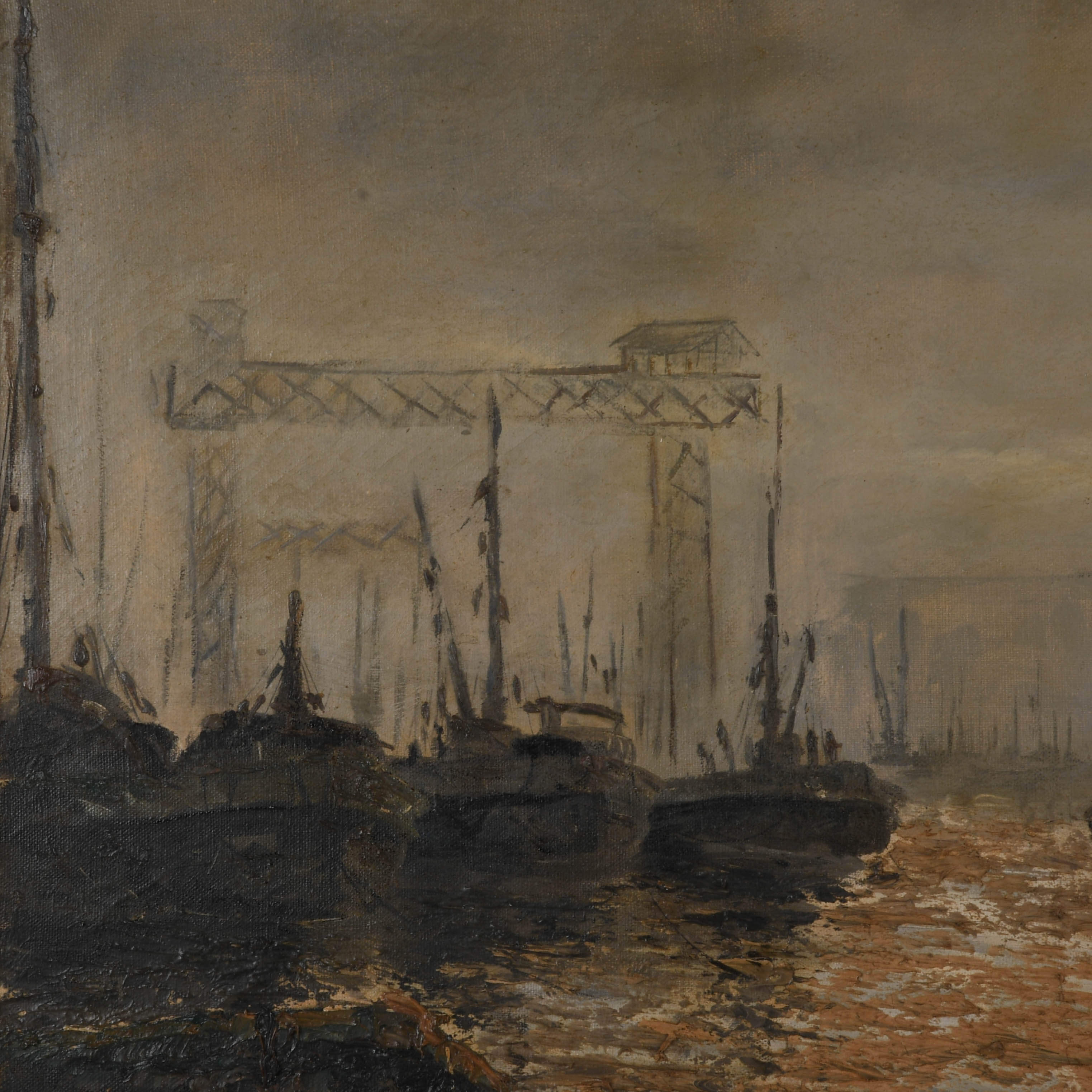 Antique Signed Michel Girard Industrial Port Oil on Canvas Painting-3