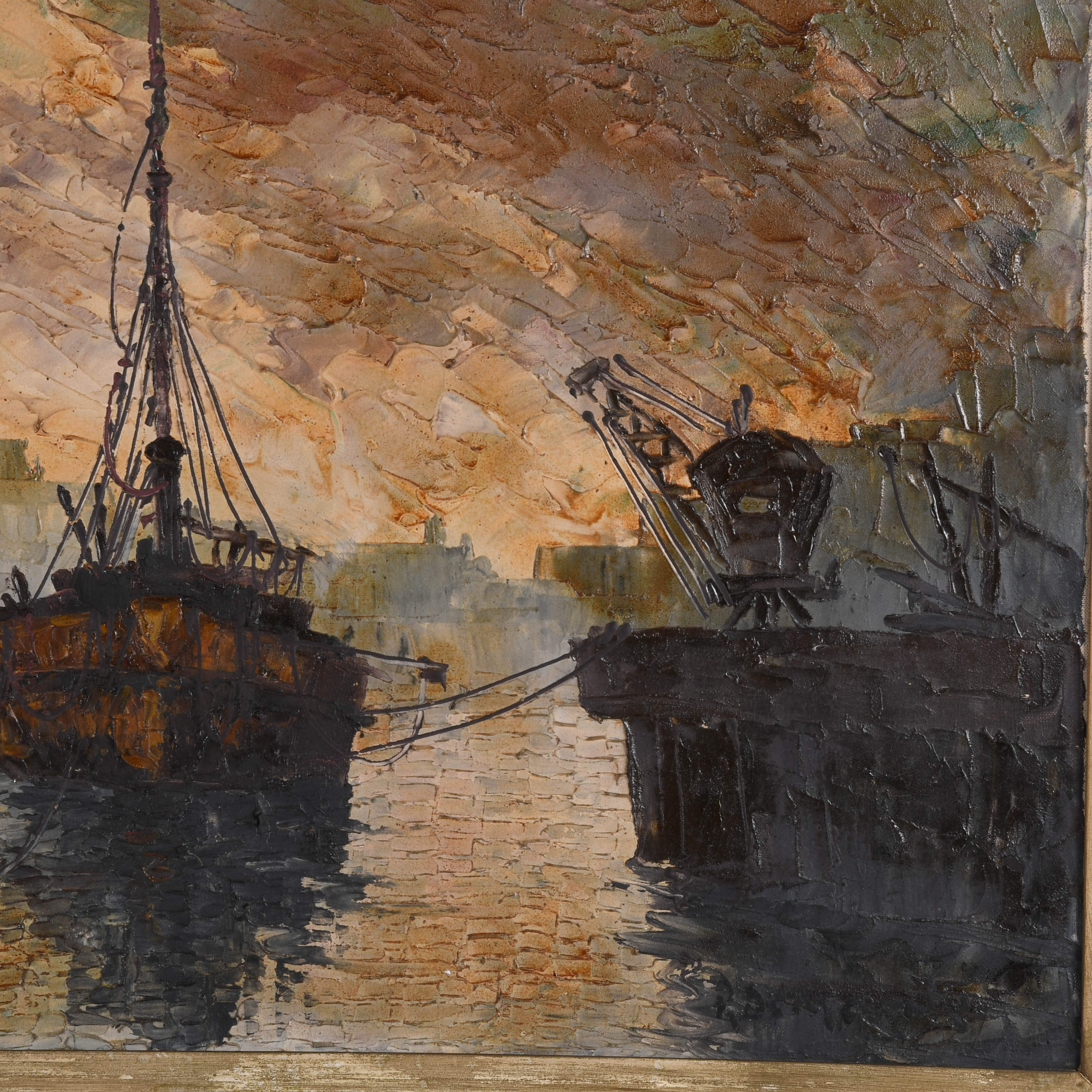 Antique Signed Michel Girard Busy Harbor Oil on Canvas-3