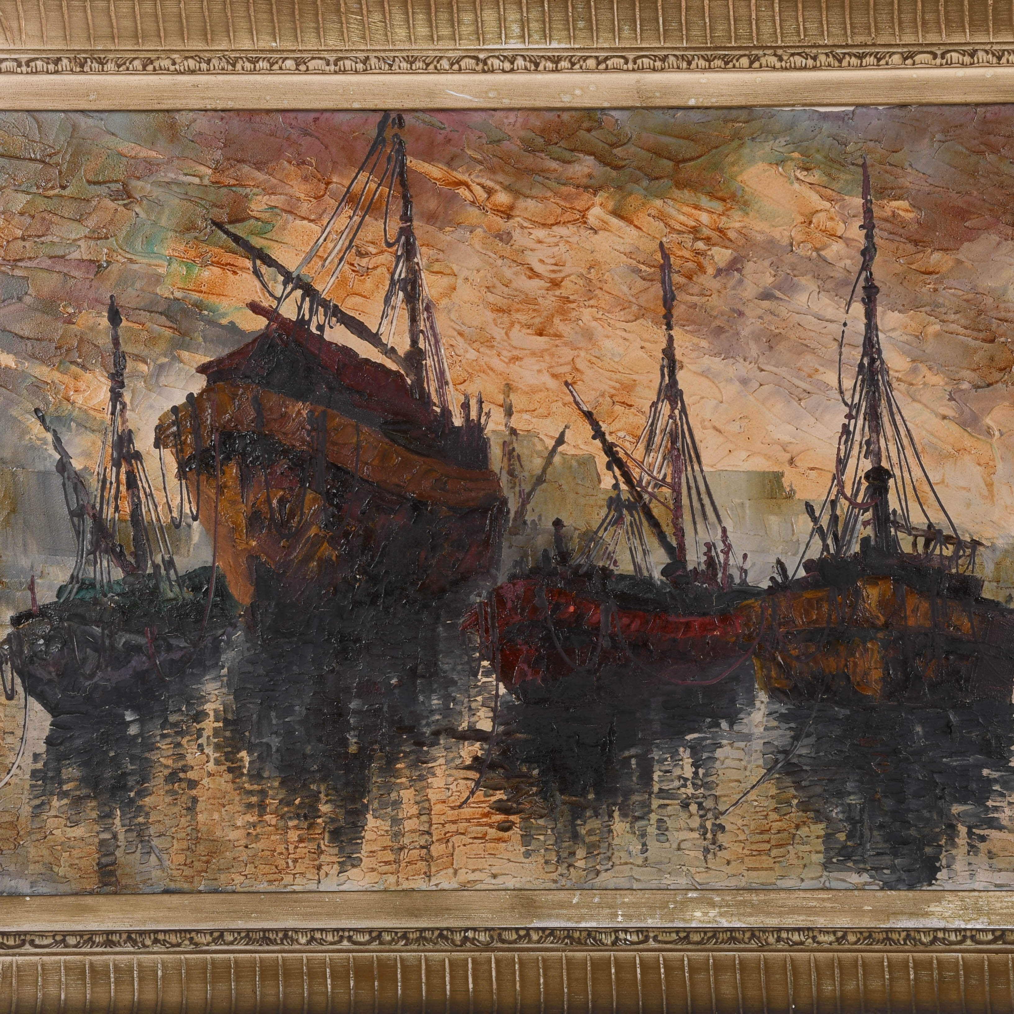 Antique Signed Michel Girard Busy Harbor Oil on Canvas-2