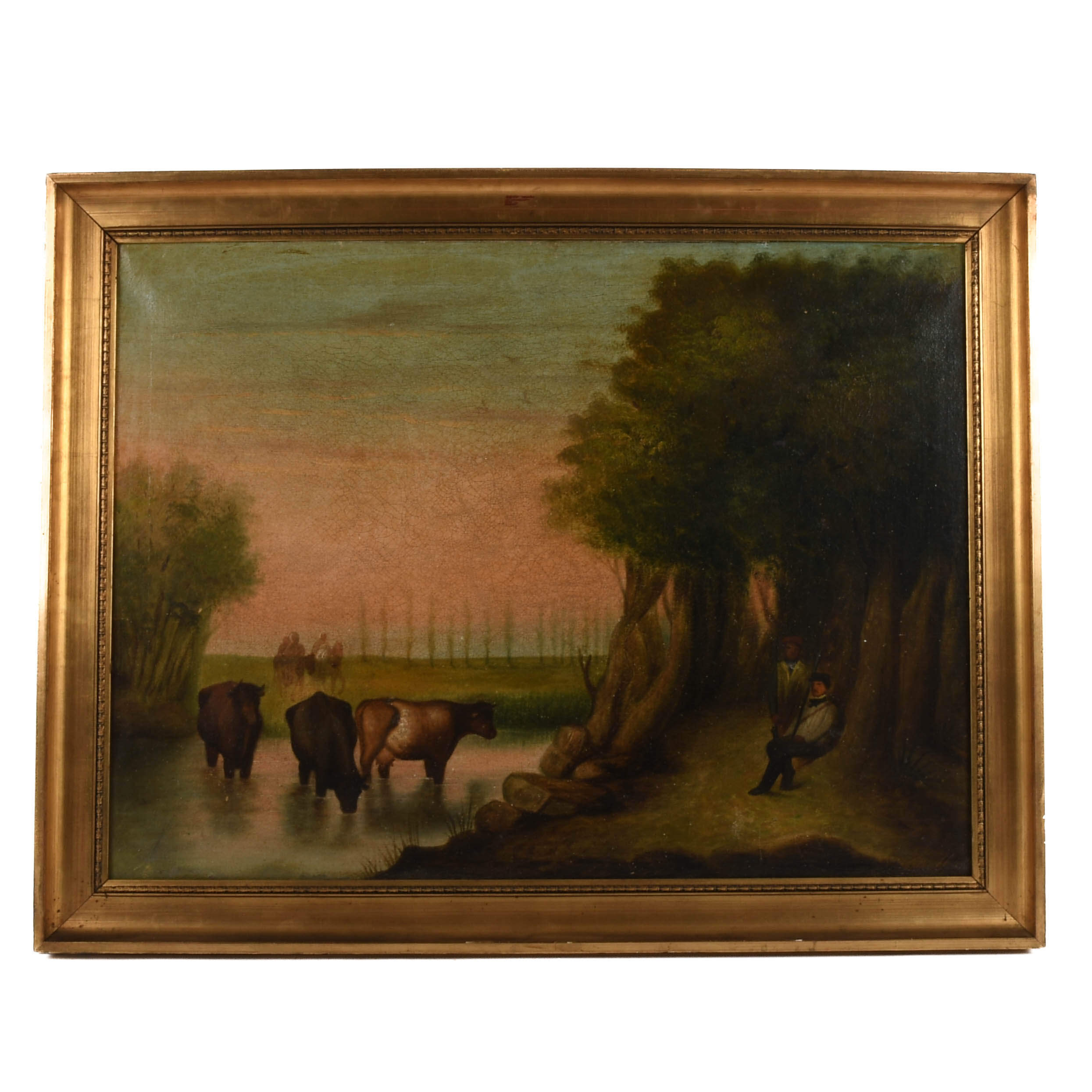 Antique Framed Cattle Watering Oil on Canvas Painting-1