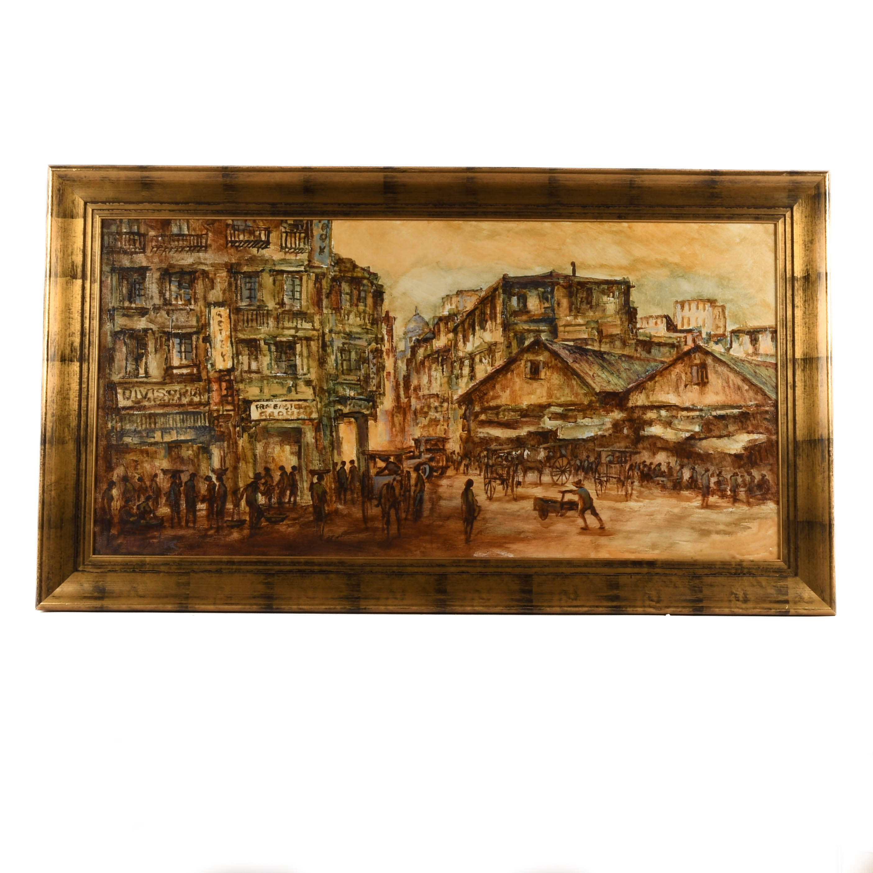 Framed Signed Impressionist Bustling City Scene Oil on Canvas-1