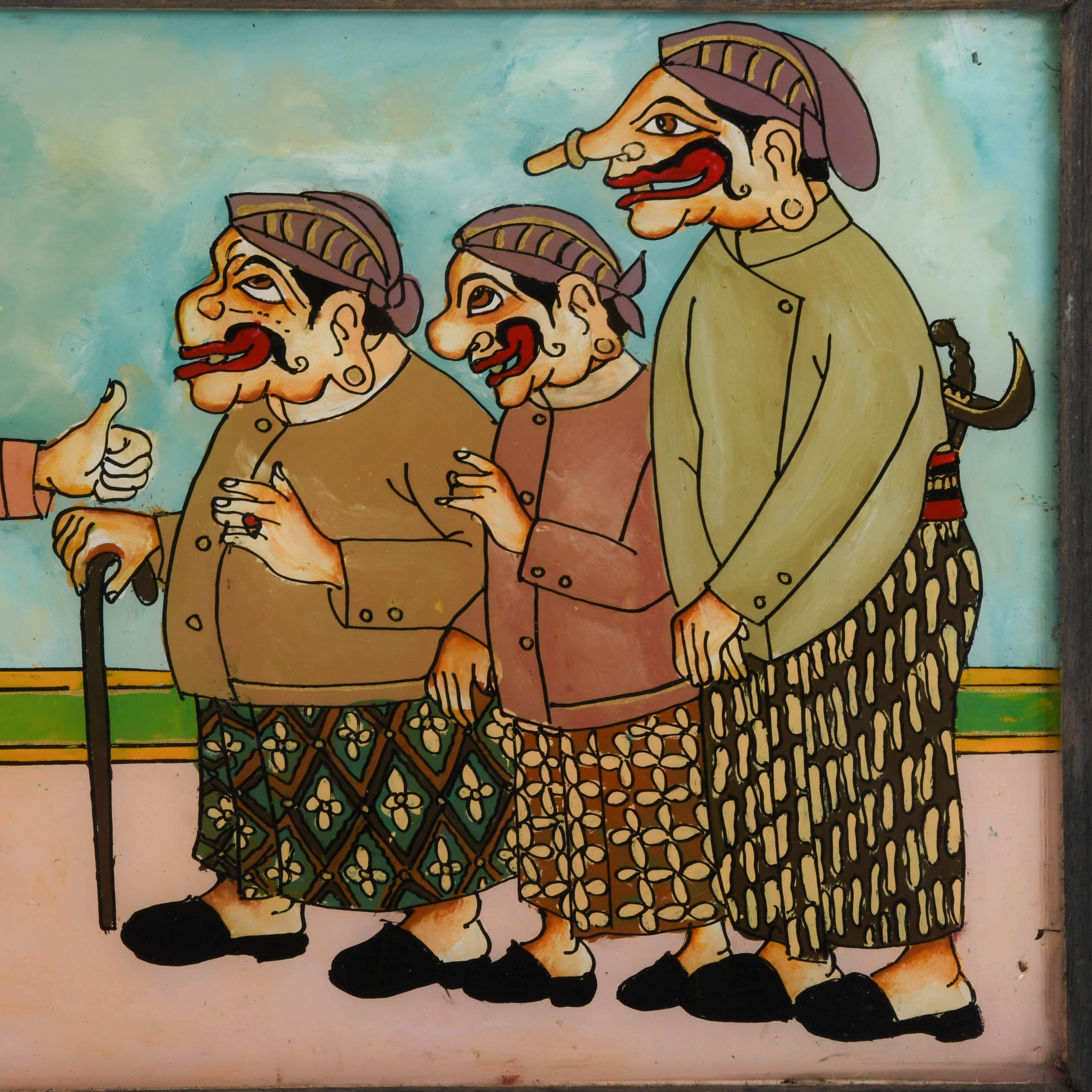 Framed Punakawan Reverse Glass Painting The Meeting of the Yes Men-3