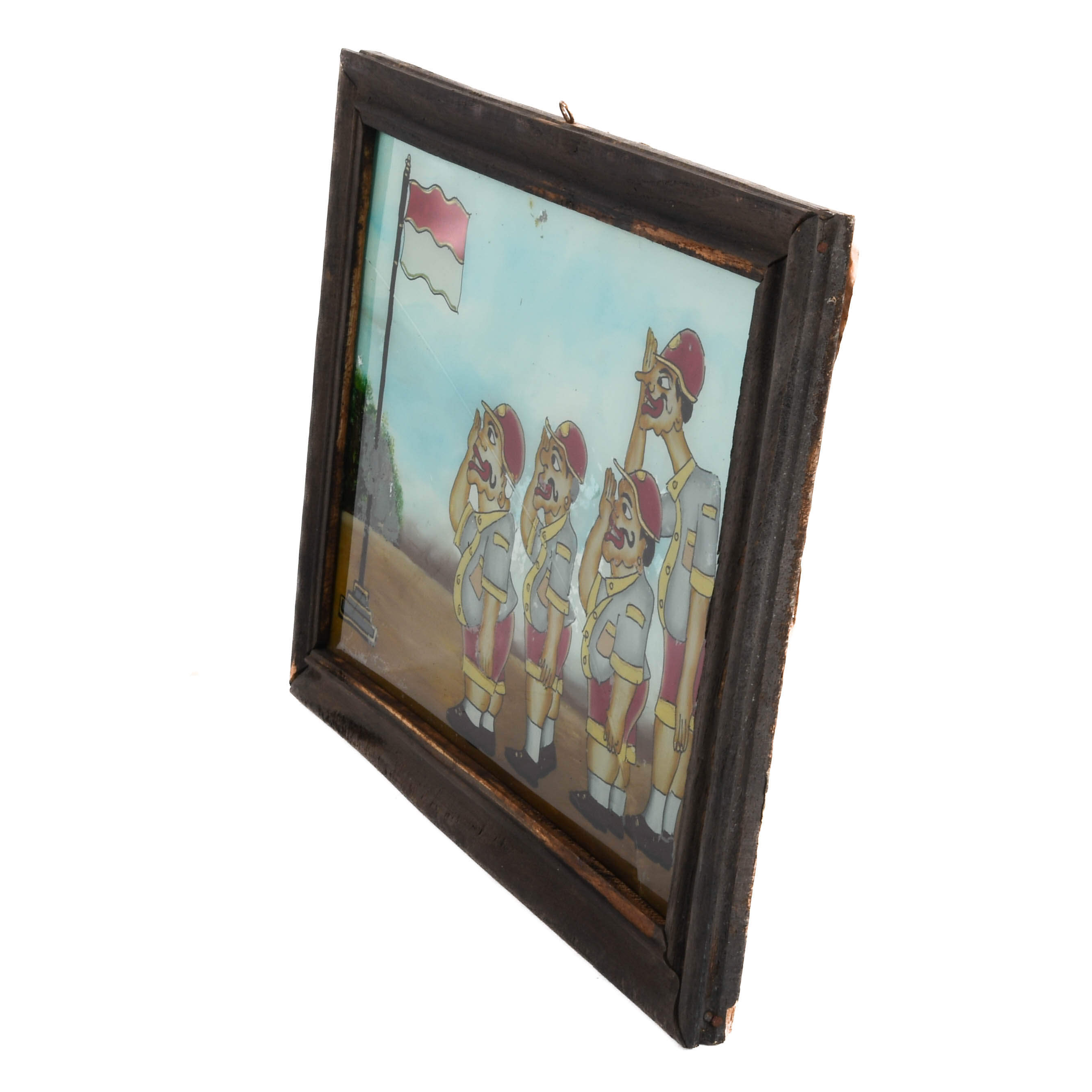 Framed Punakawan Reverse Glass Painting Indonesian Flag Tribute-5