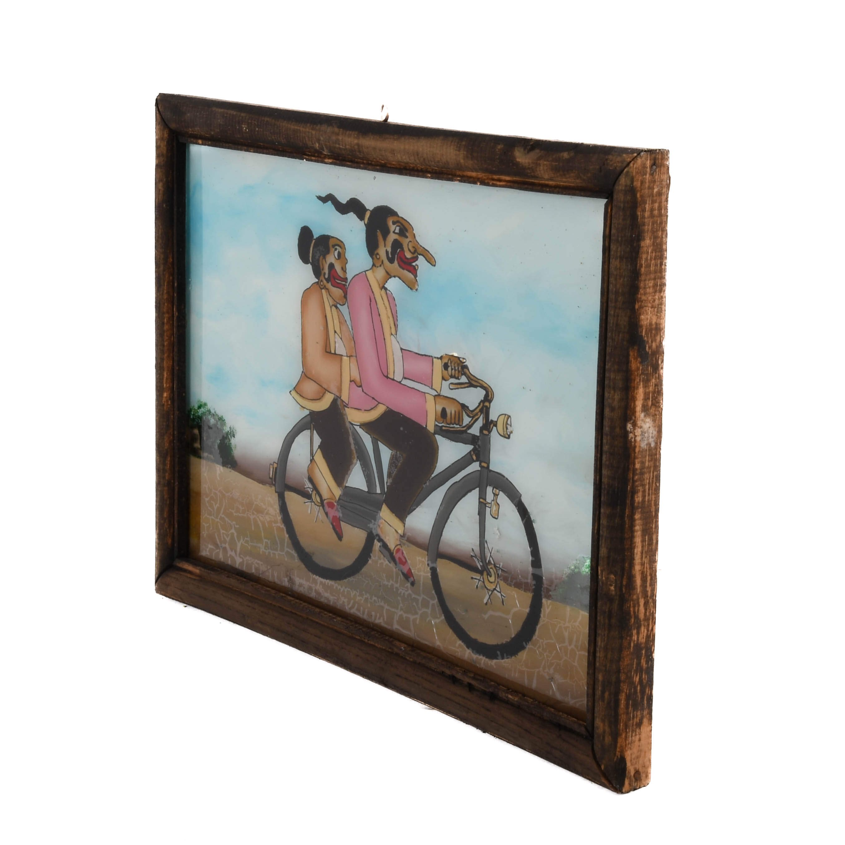 Framed Punakawan Reverse Painting Glass Bicycle Ride-4