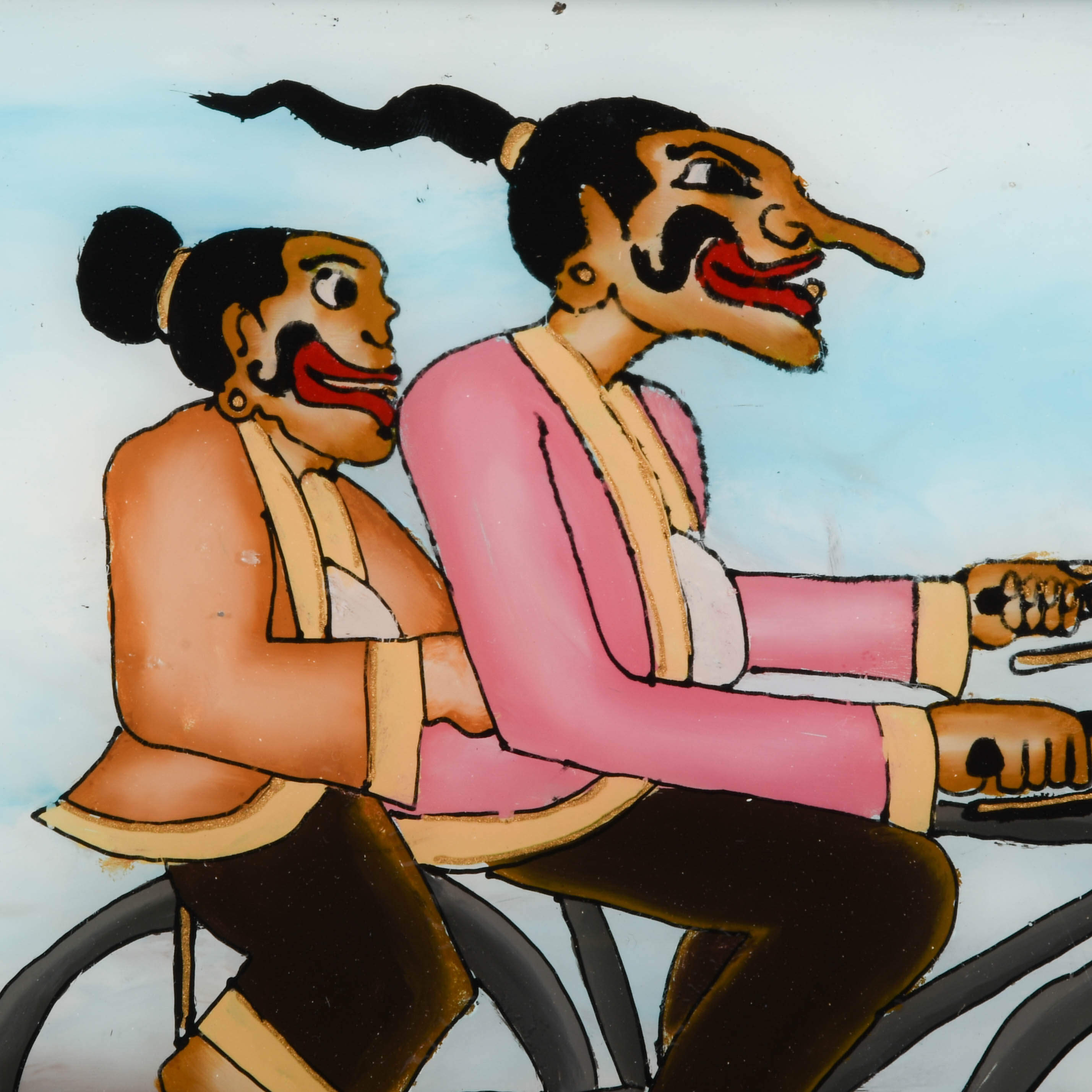 Framed Punakawan Reverse Painting Glass Bicycle Ride-3