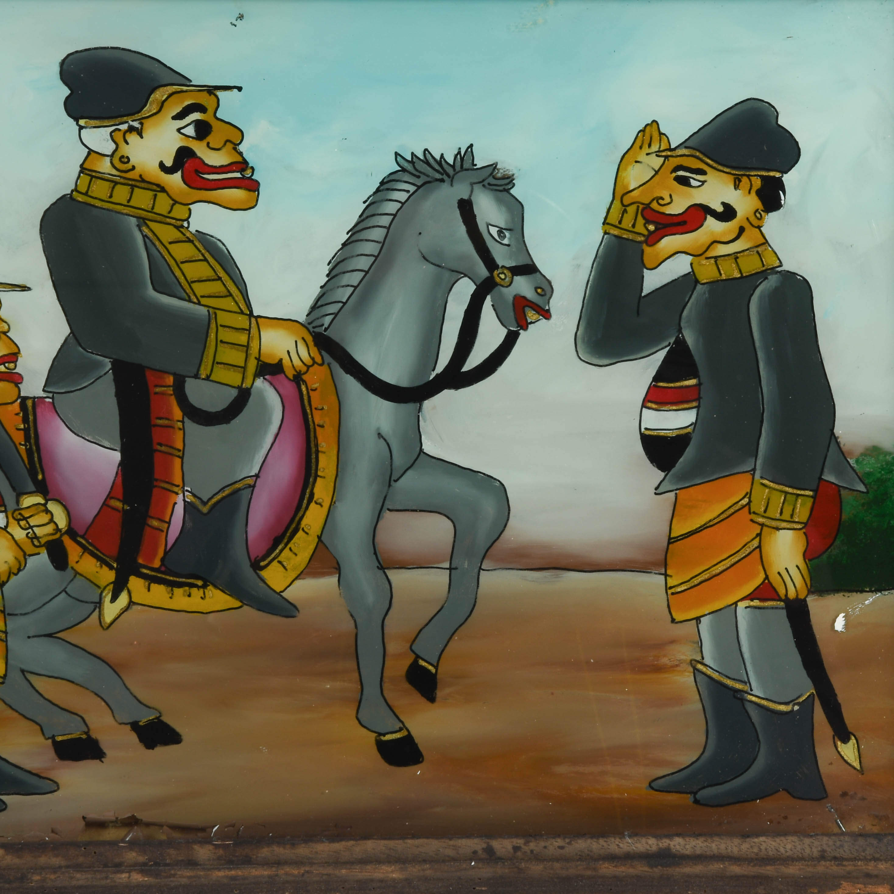 Framed Punakawan Reverse Painting Glass Military Salute-3