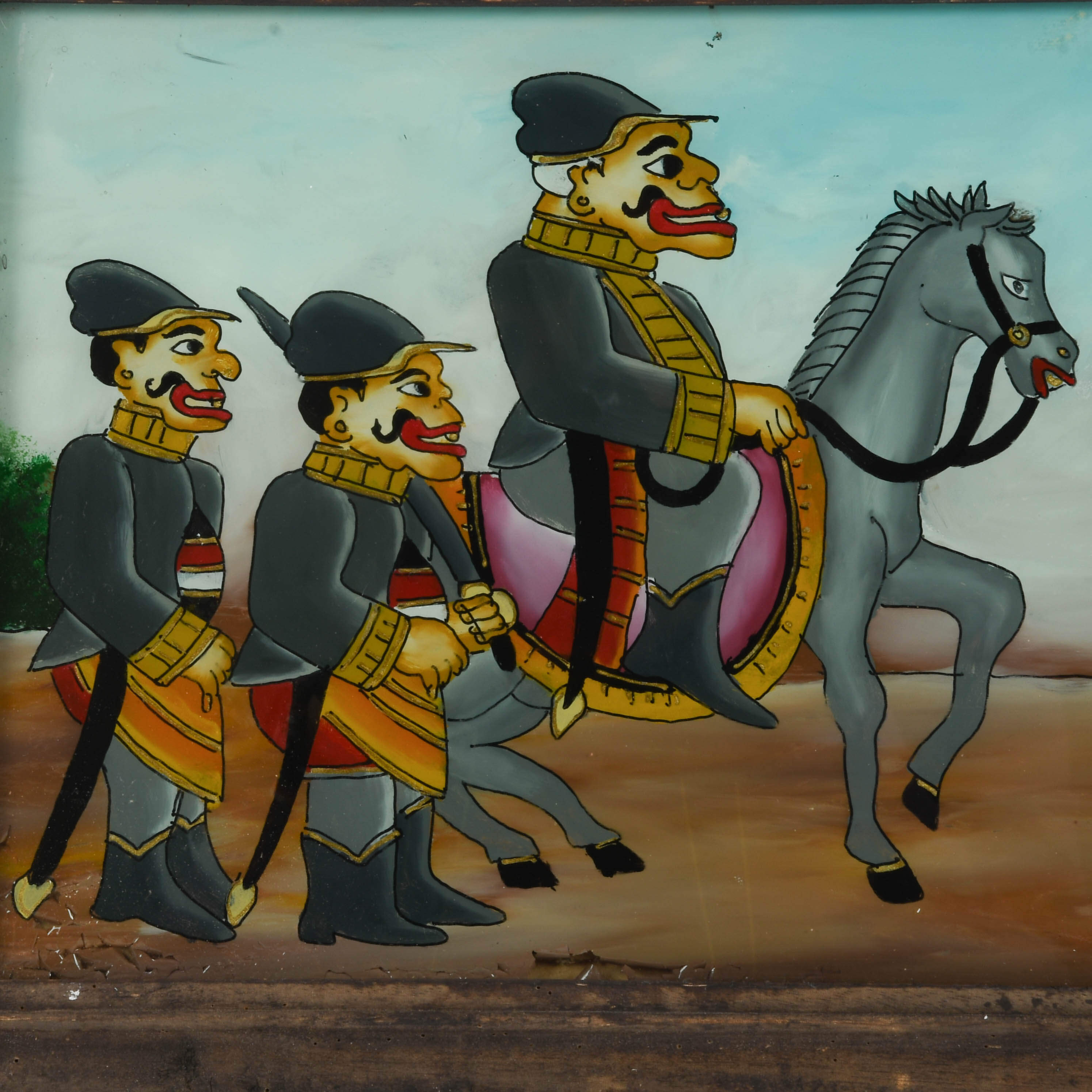 Framed Punakawan Reverse Painting Glass Military Salute-2