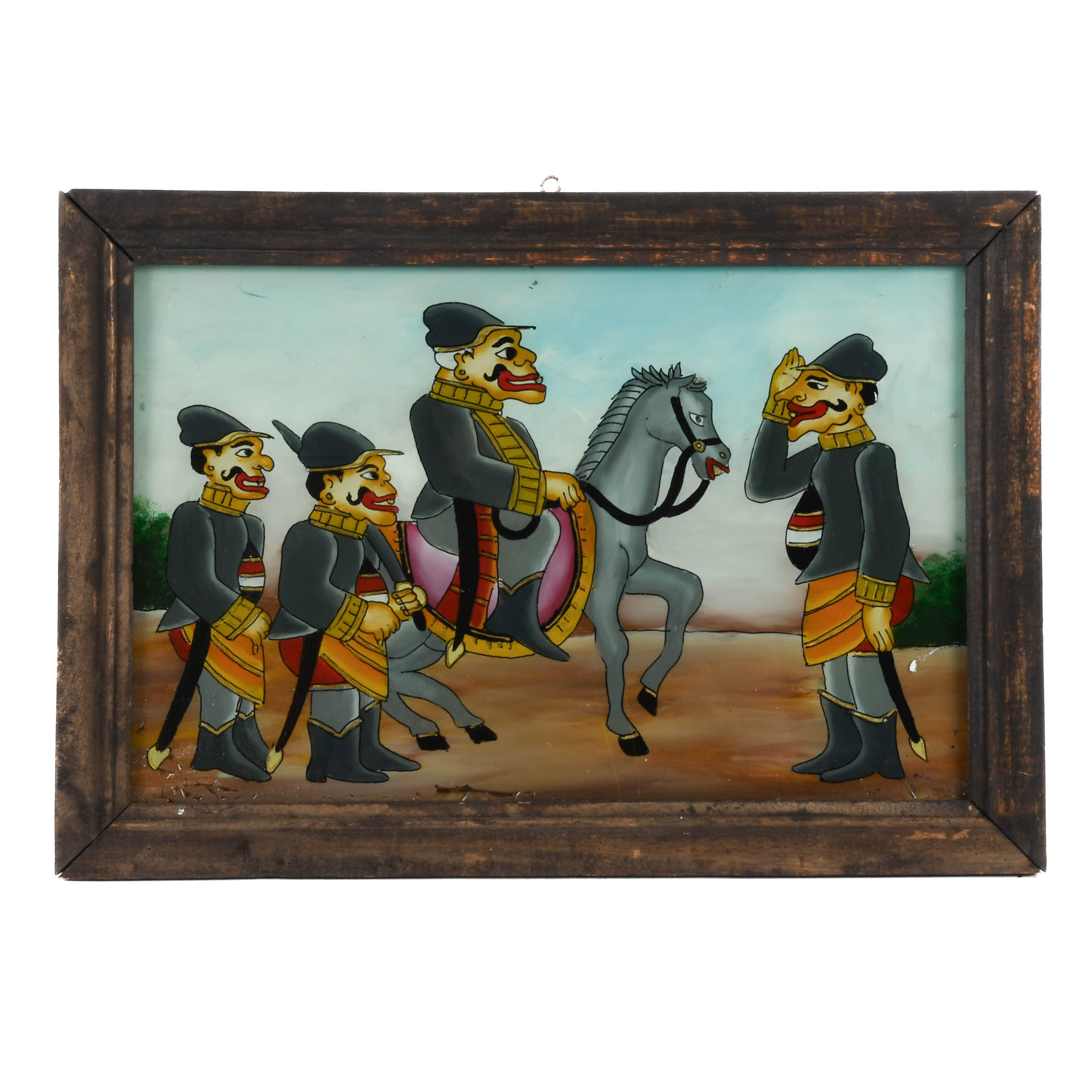 Framed Punakawan Reverse Painting Glass Military Salute-1