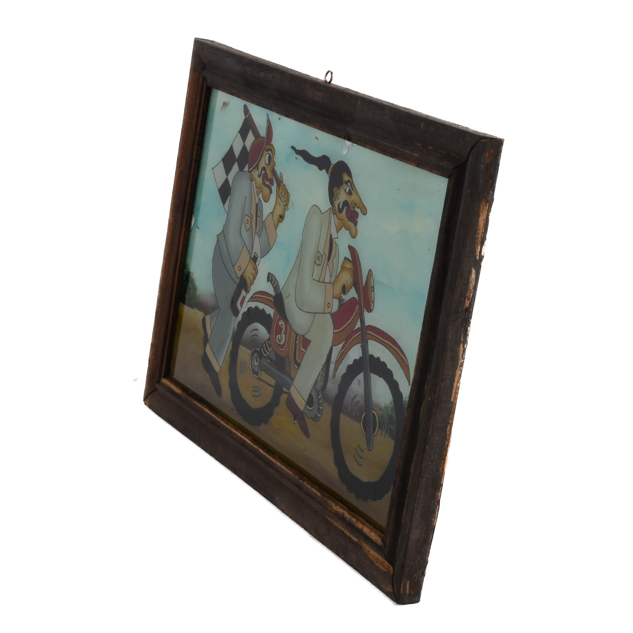 Framed Punakawan Reverse Glass Painting Patruk and Bagong Motorcycle Race-4