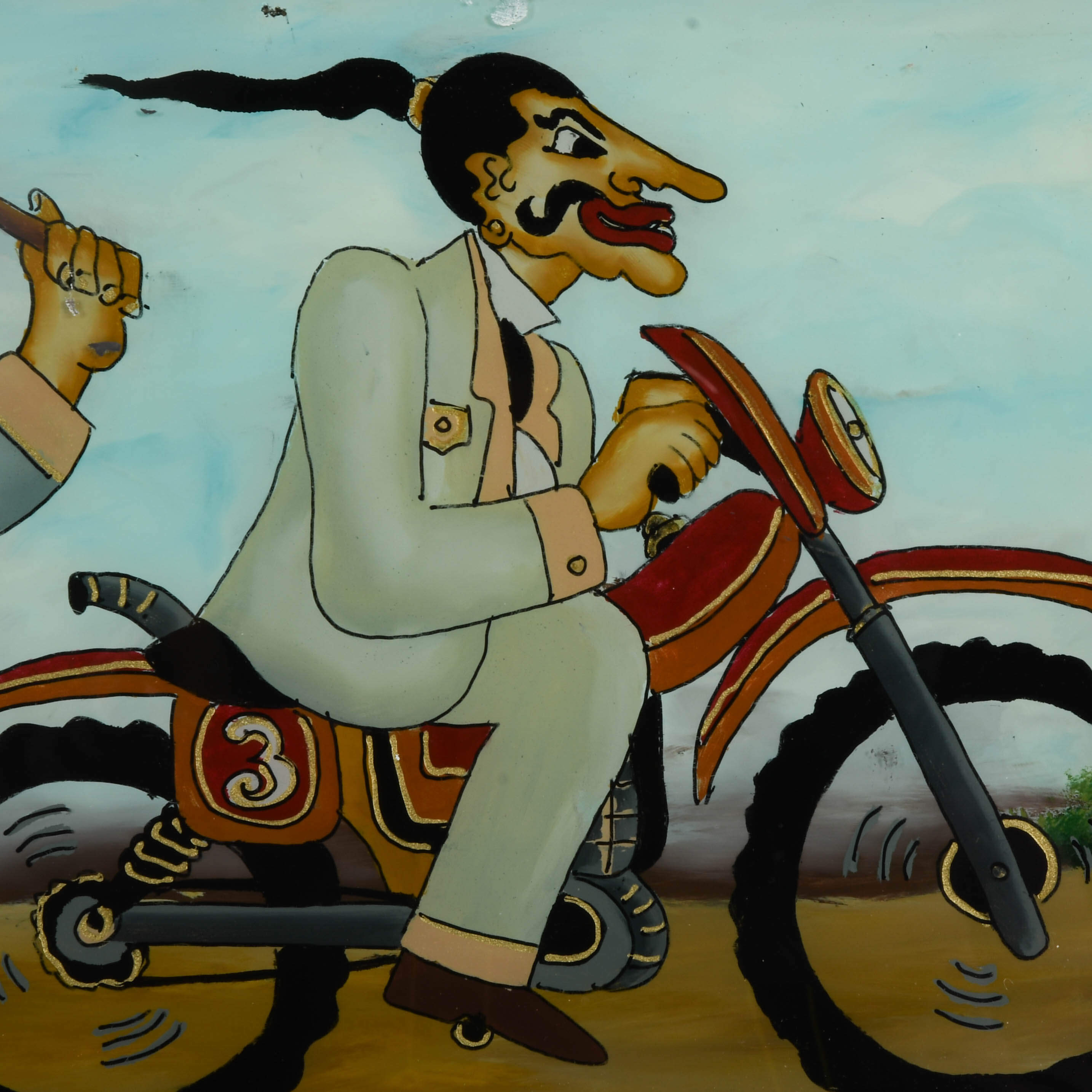 Framed Punakawan Reverse Glass Painting Patruk and Bagong Motorcycle Race-3