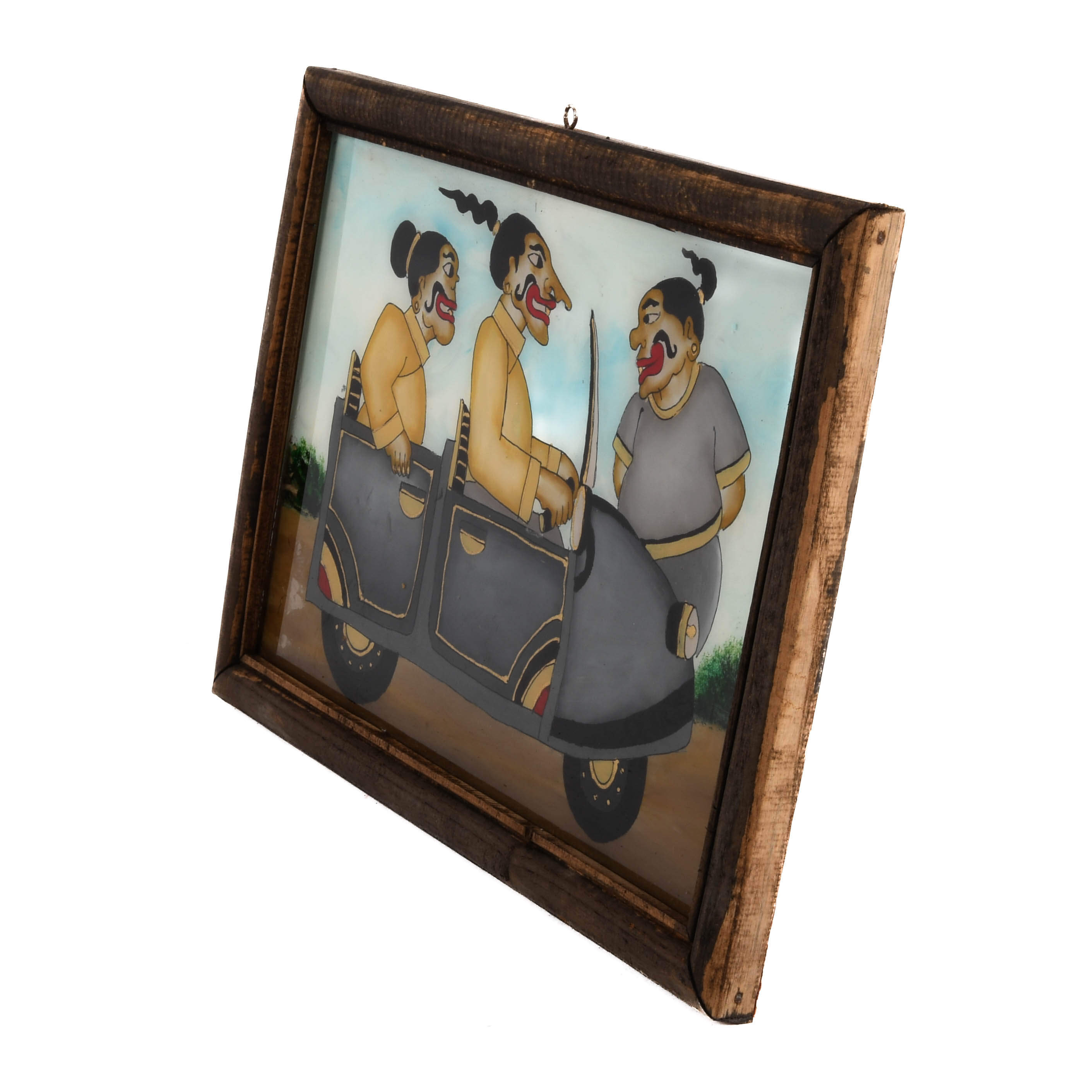 Framed Punakawan Reverse Glass Painting Petruk, Gareng and Bajong in Car-4