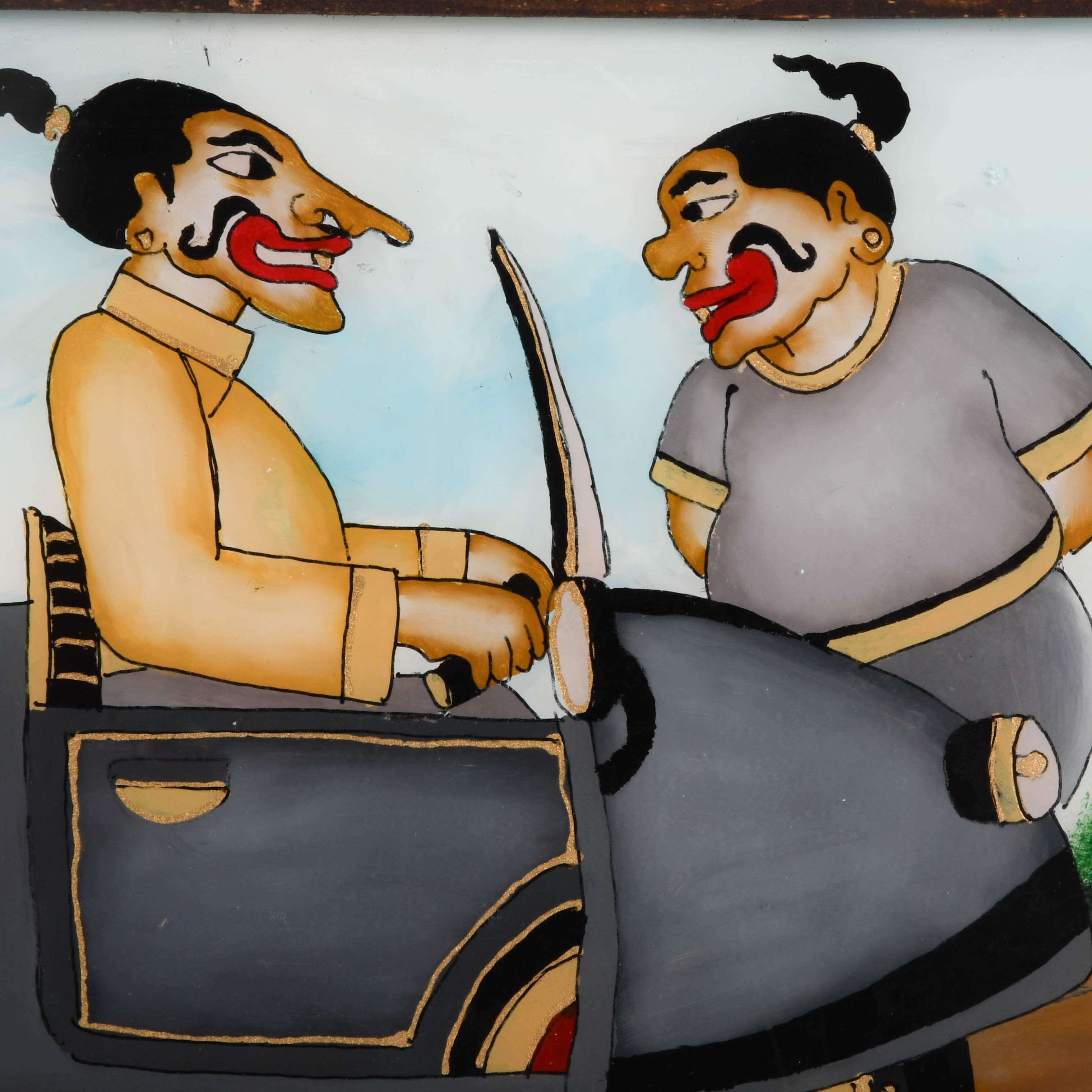 Framed Punakawan Reverse Glass Painting Petruk, Gareng and Bajong in Car-3