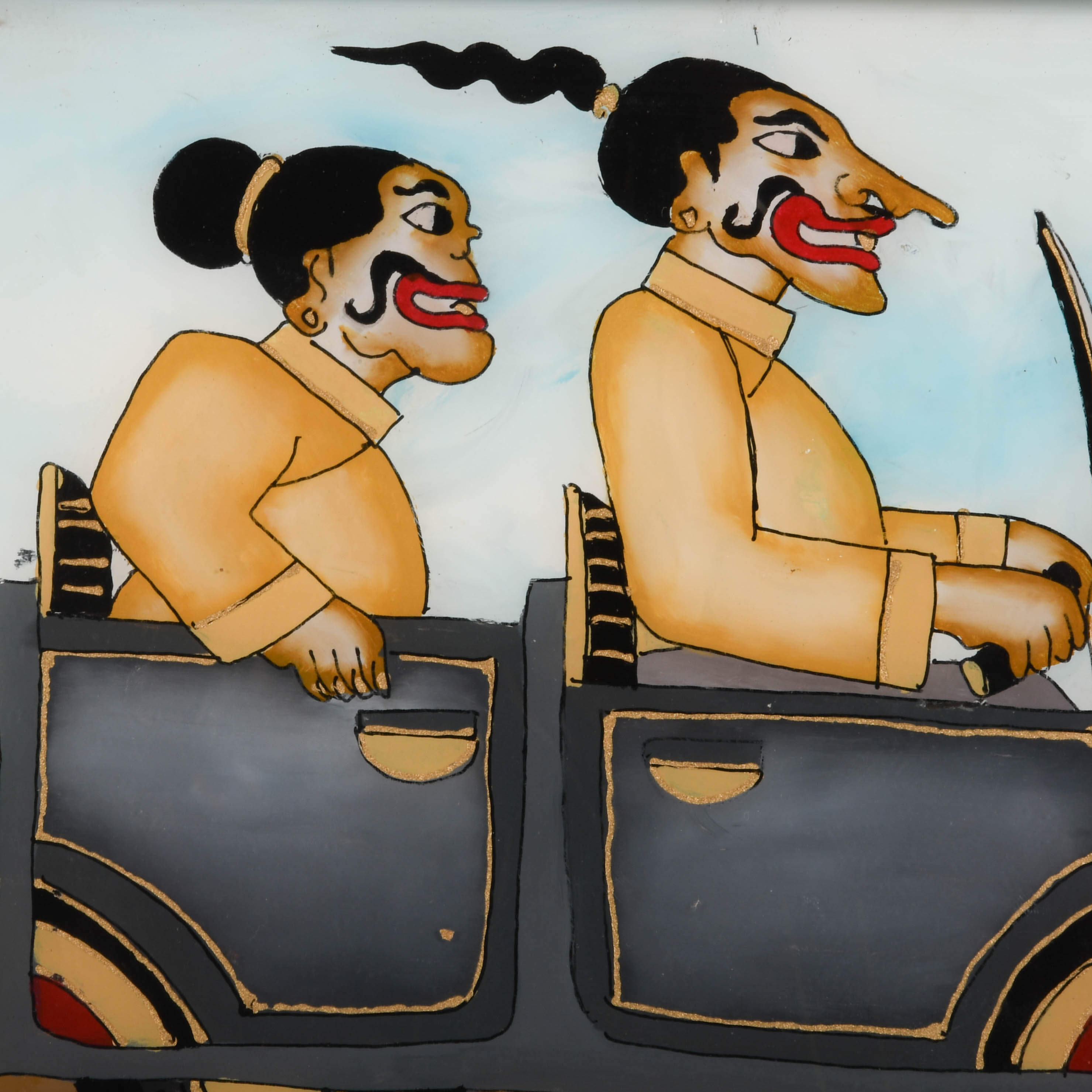 Framed Punakawan Reverse Glass Painting Petruk, Gareng and Bajong in Car-2