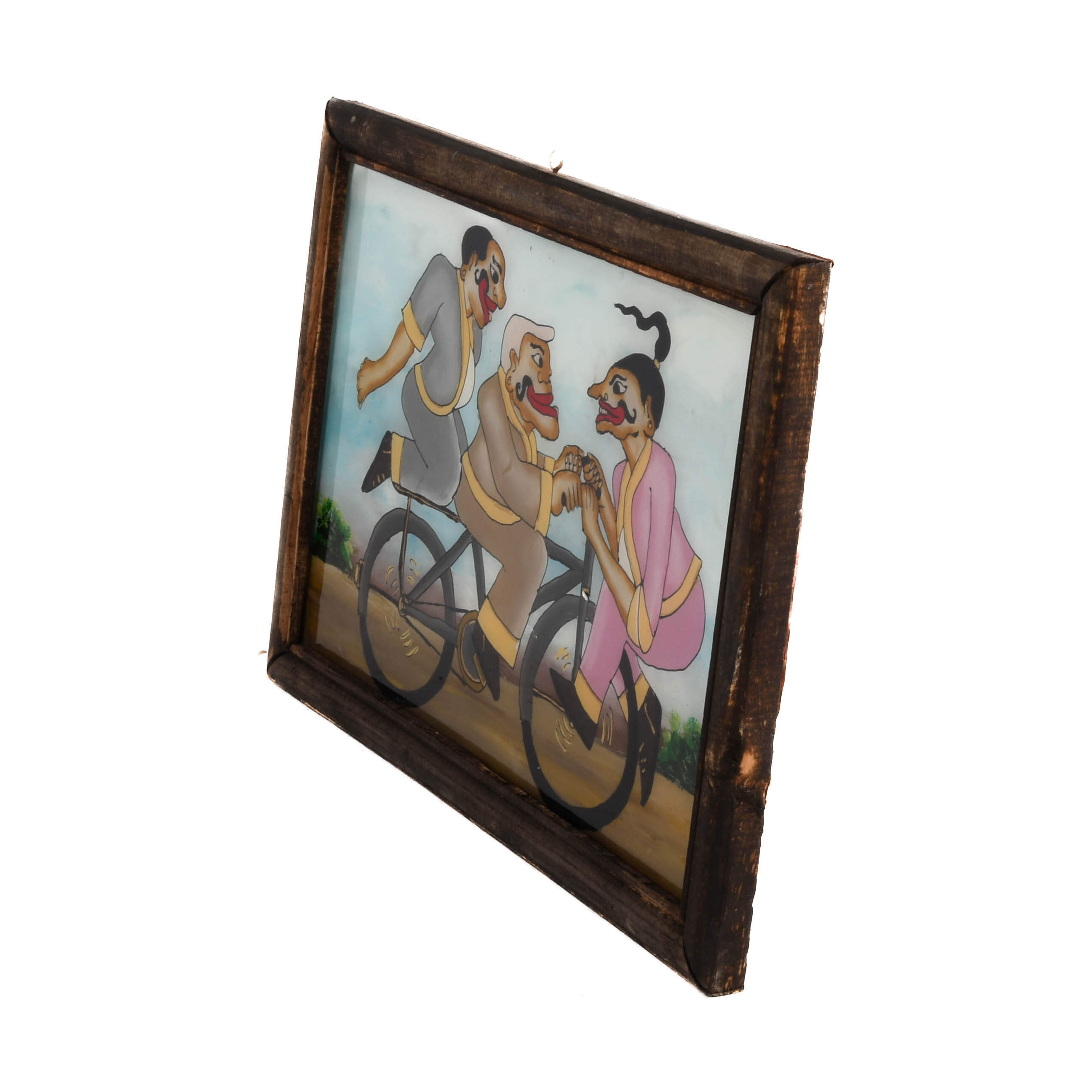 Framed Punakawan Reverse Glass Painting Petruk, Gareng and Bajong Cycling-4