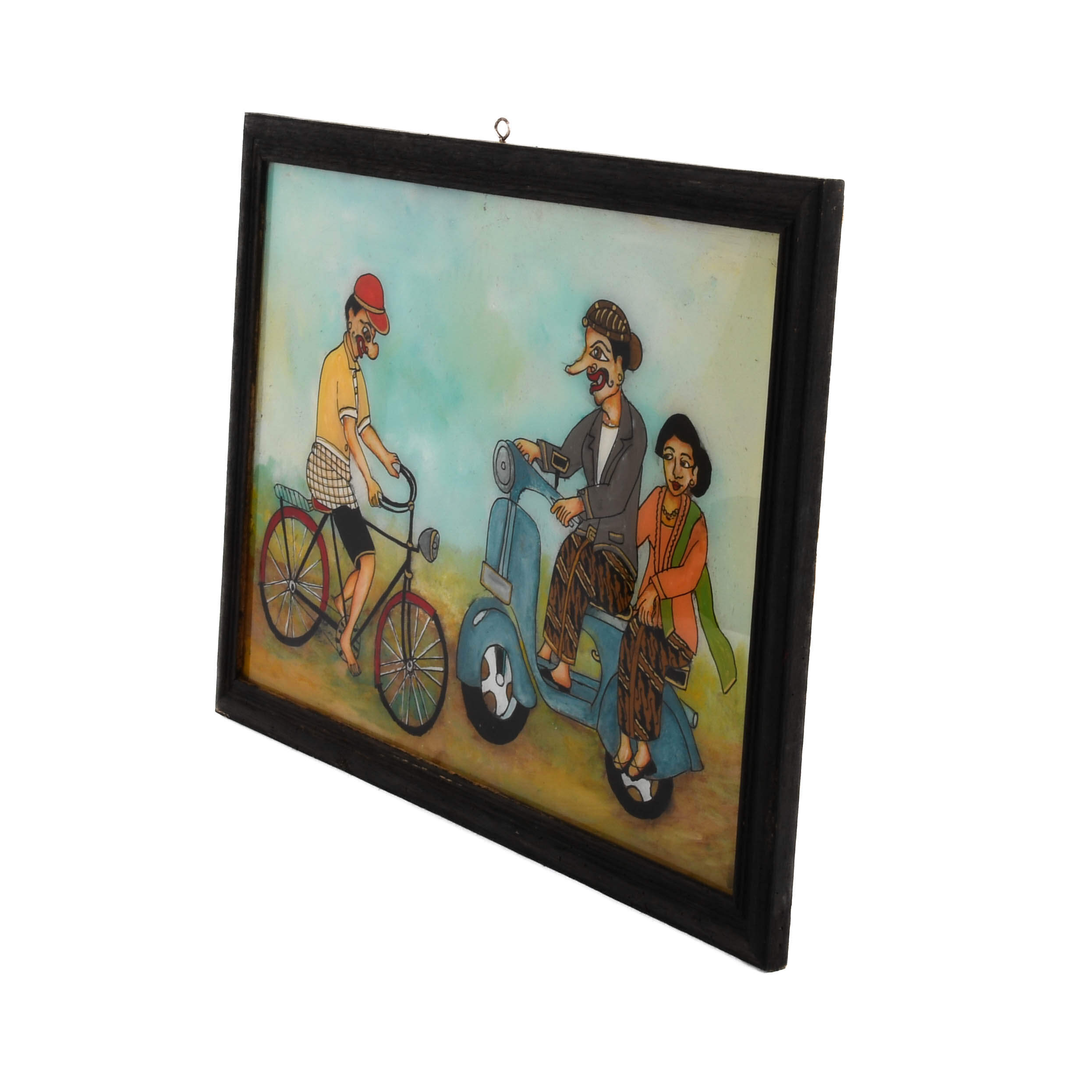 Framed Punakawan Reverse Glass Painting Gareng, Petruk, and his Fiancée-4
