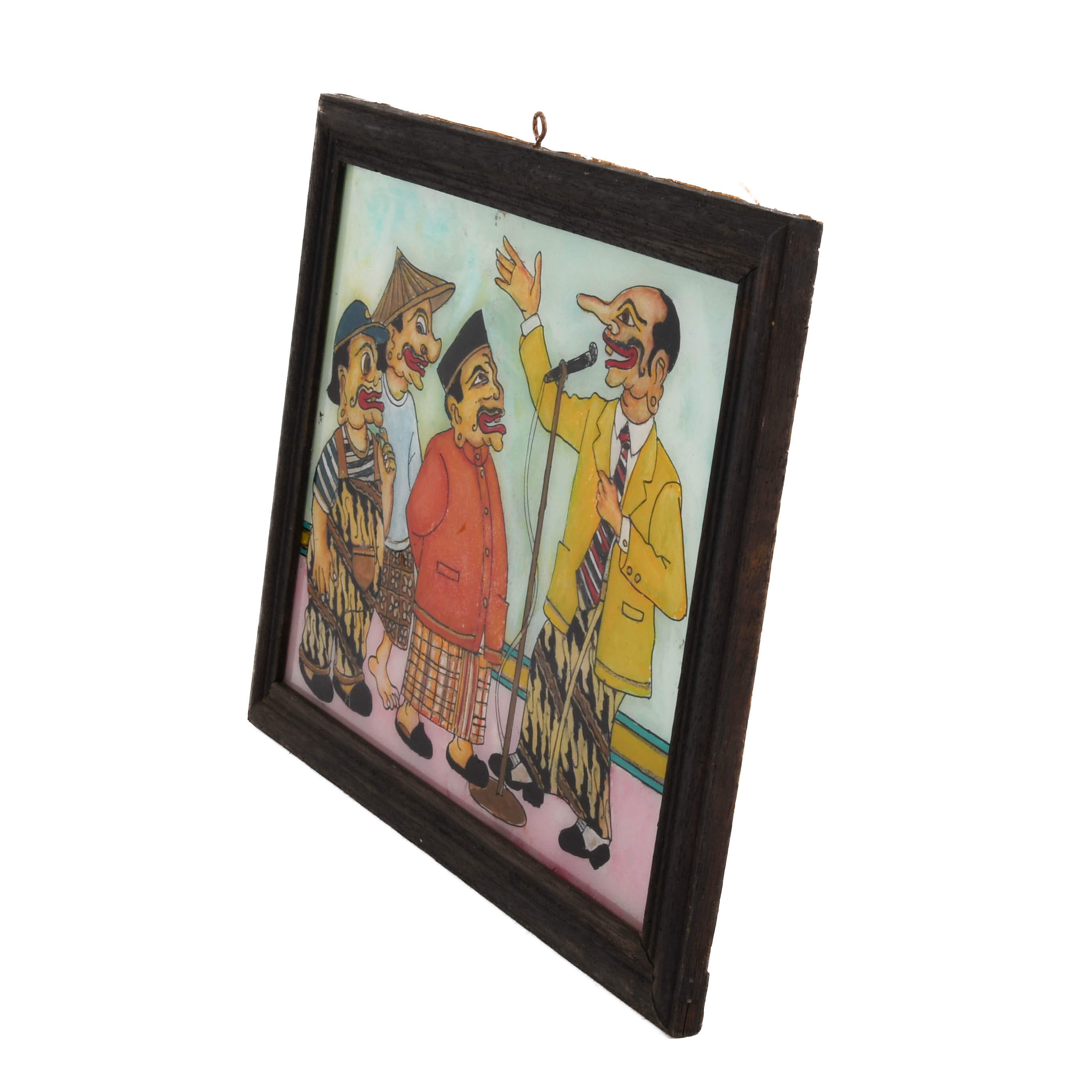 Framed Punakawan Reverse Glass Painting of Petruk Giving a Speech-4