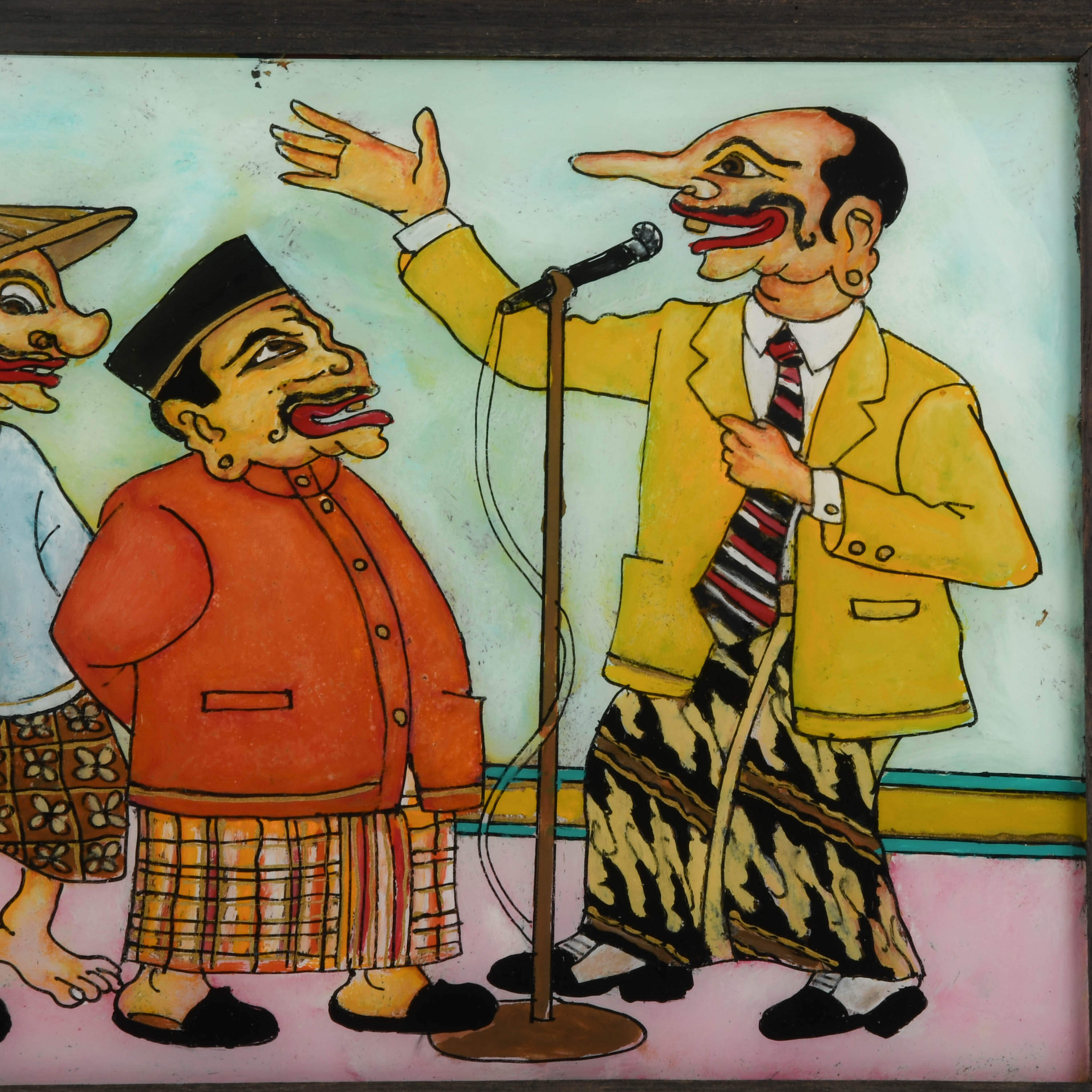 Framed Punakawan Reverse Glass Painting of Petruk Giving a Speech-3