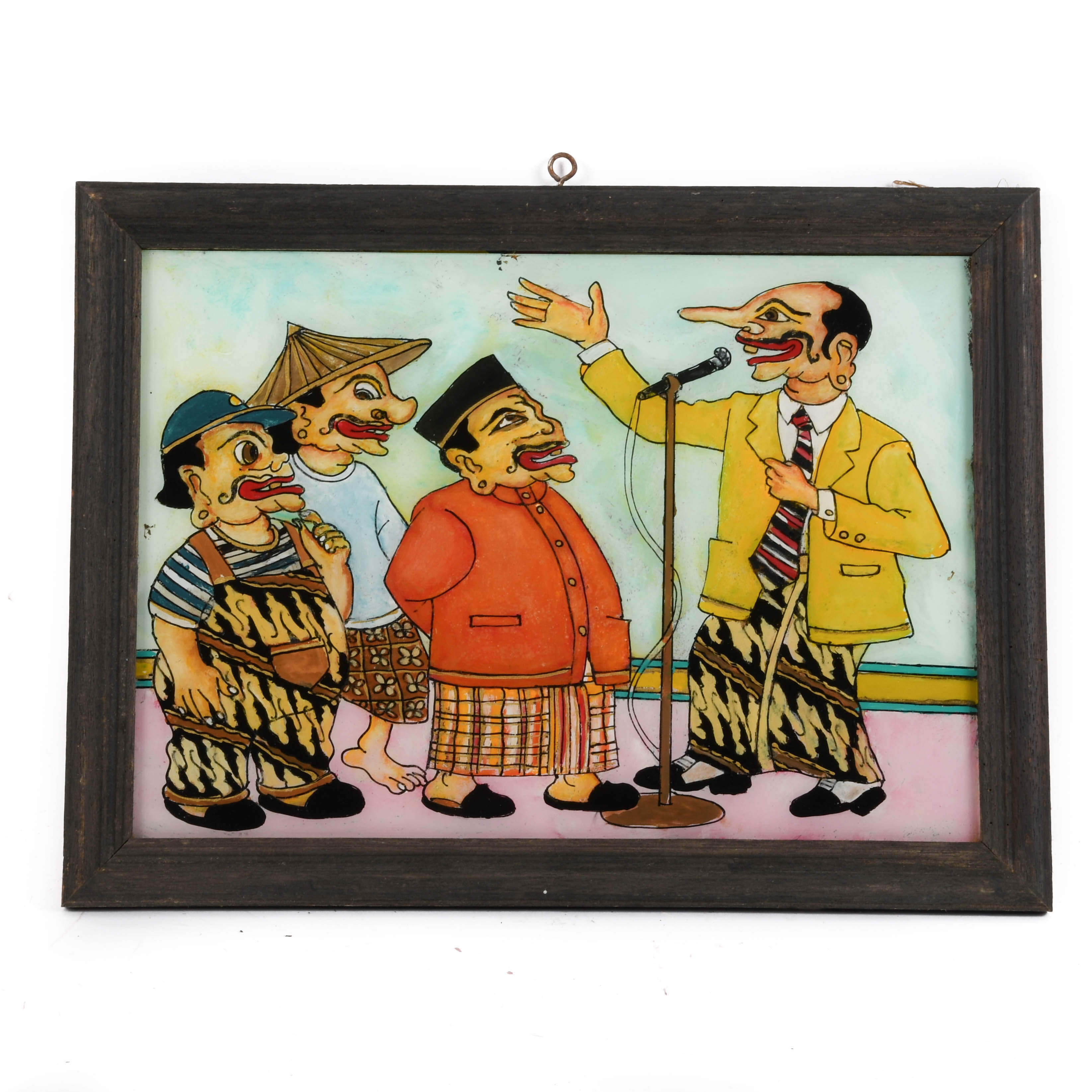 Framed Punakawan Reverse Glass Painting of Petruk Giving a Speech-1