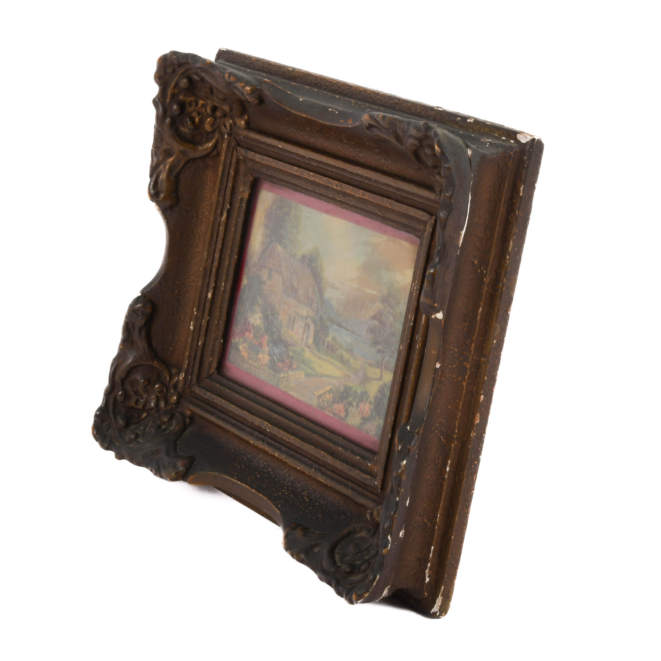 Victorian Ornate Walnut Frame and Print with Leather Banding-5