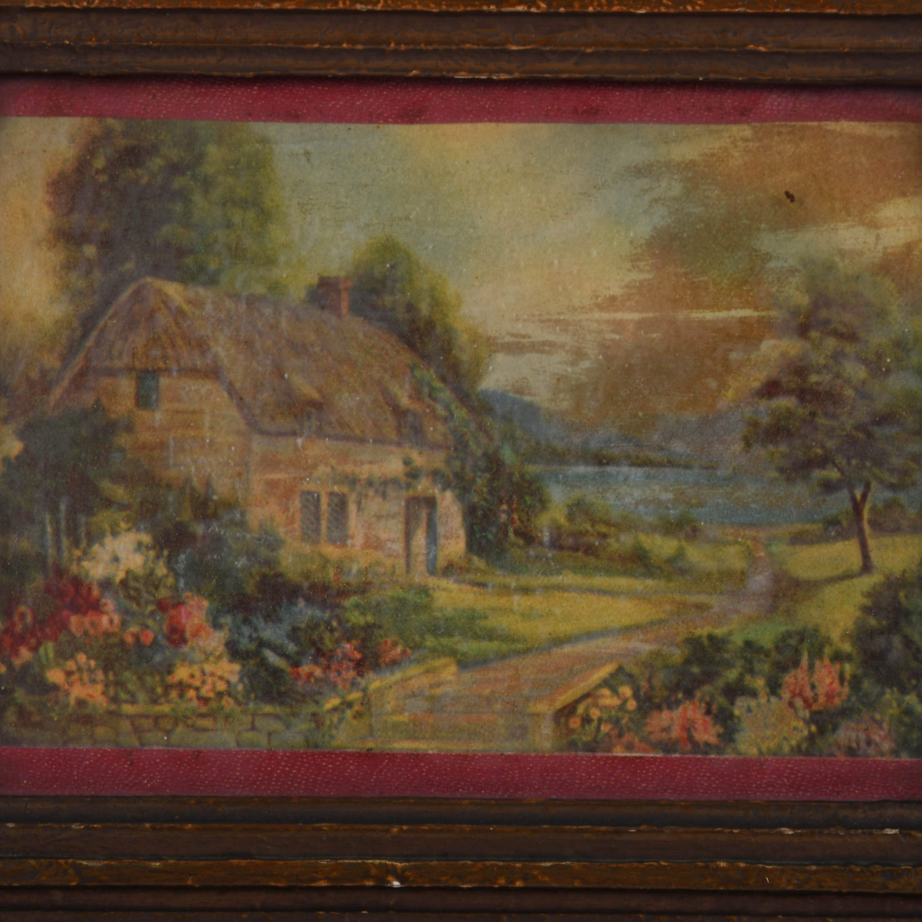Victorian Ornate Walnut Frame and Print with Leather Banding-2
