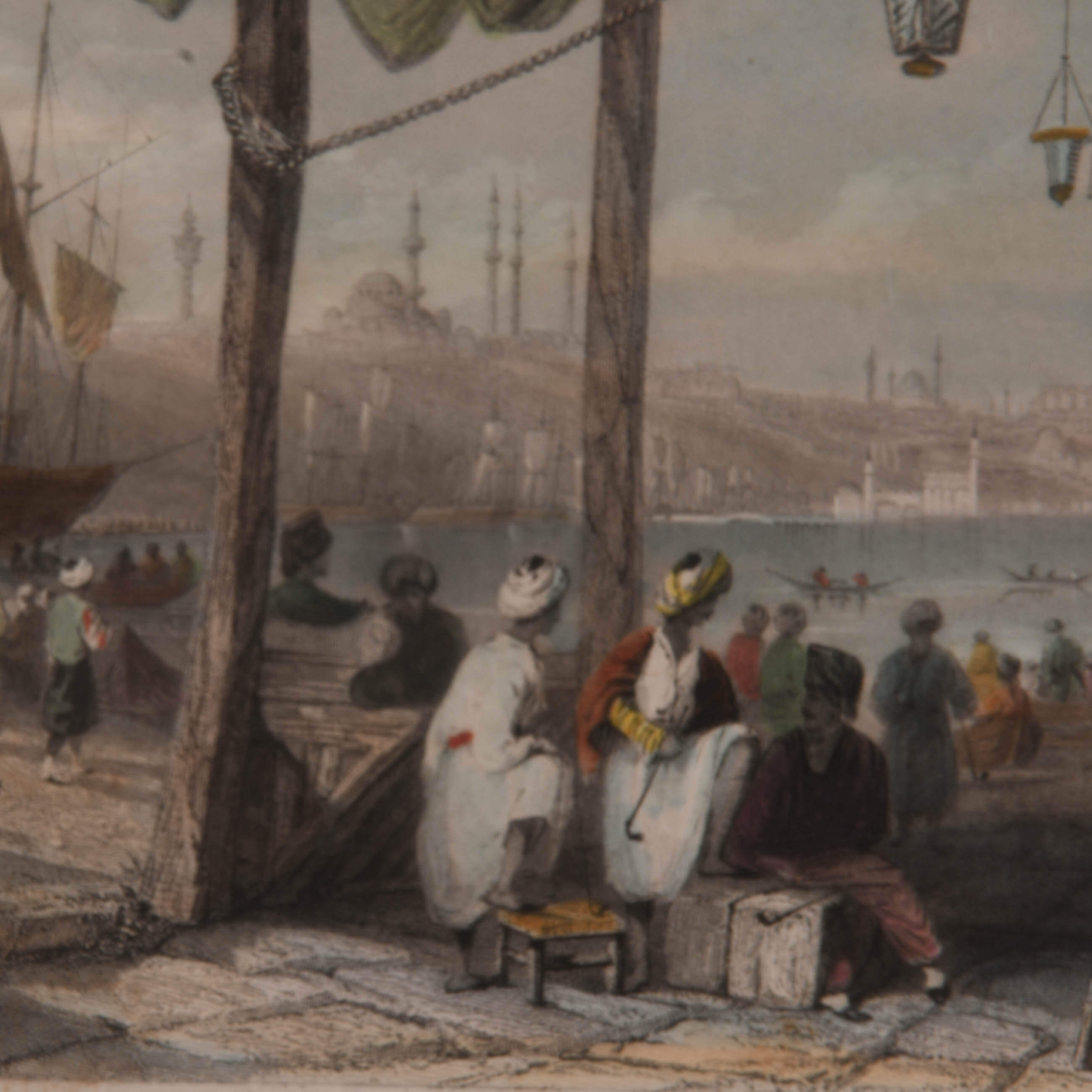 Antique Hand-Colored "Coffee Kiosque on the Port" Print-3