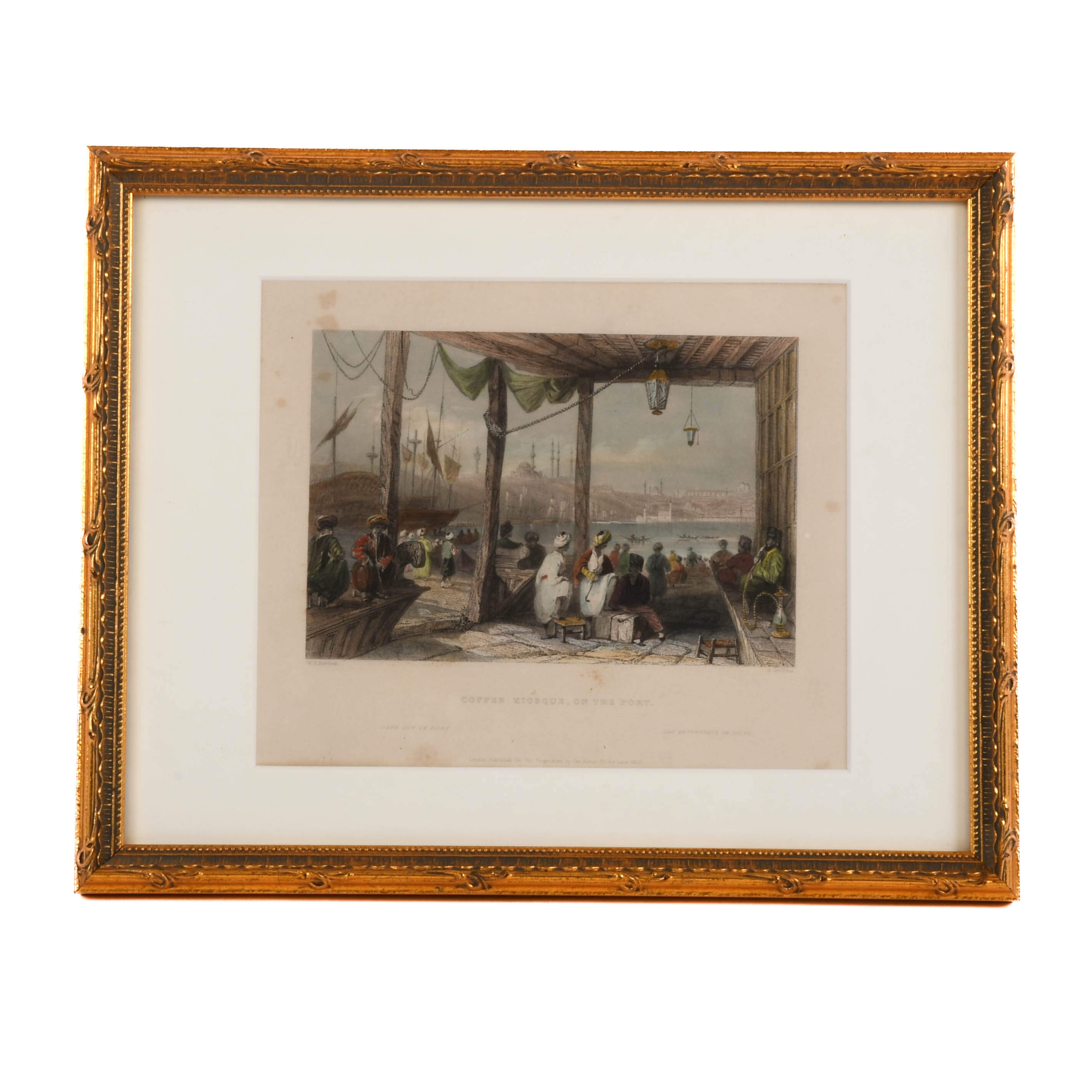 Antique Hand-Colored "Coffee Kiosque on the Port" Print-1