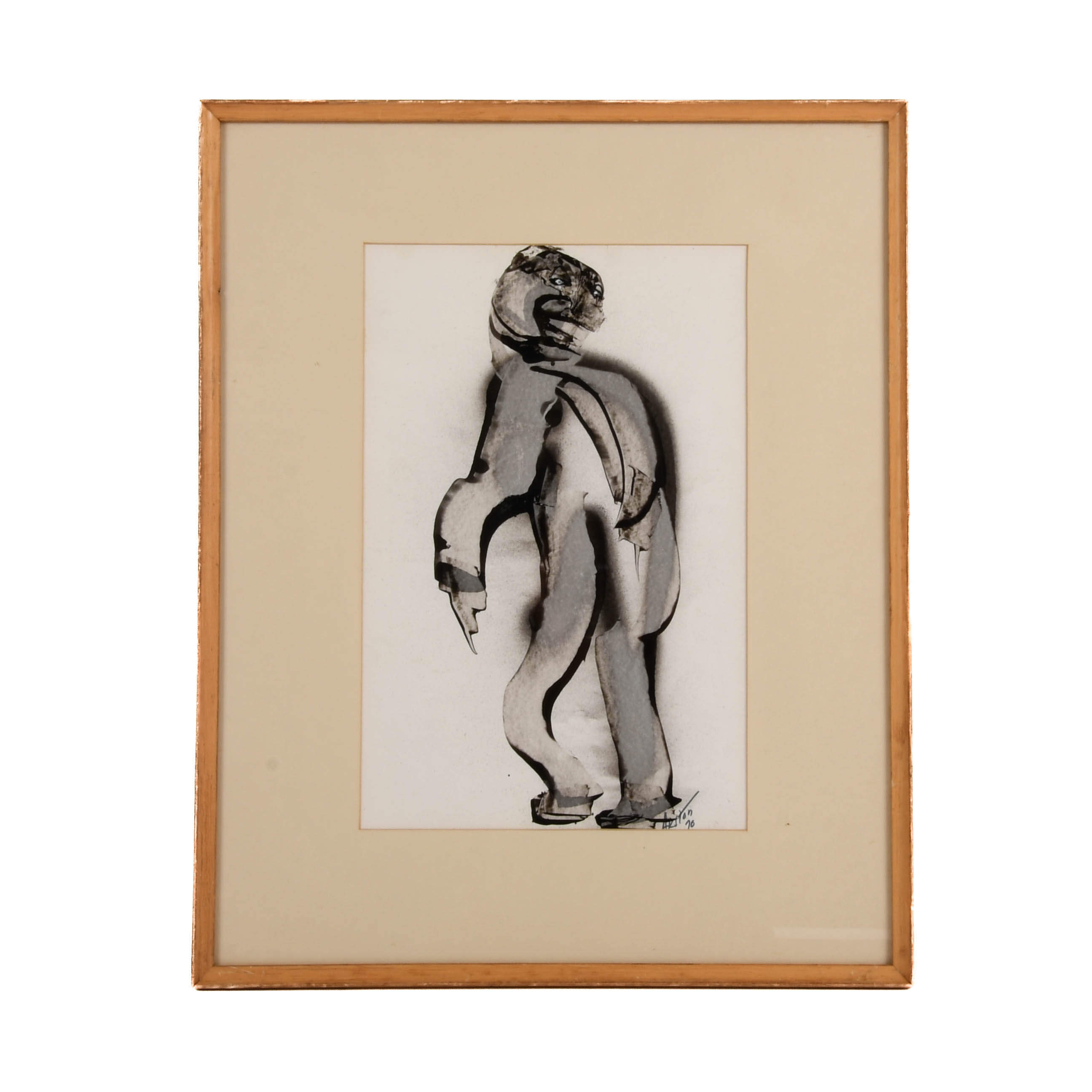 Framed Signed J. Akston "The Wanderer, 1970" Acrylic and Paper Painting-1