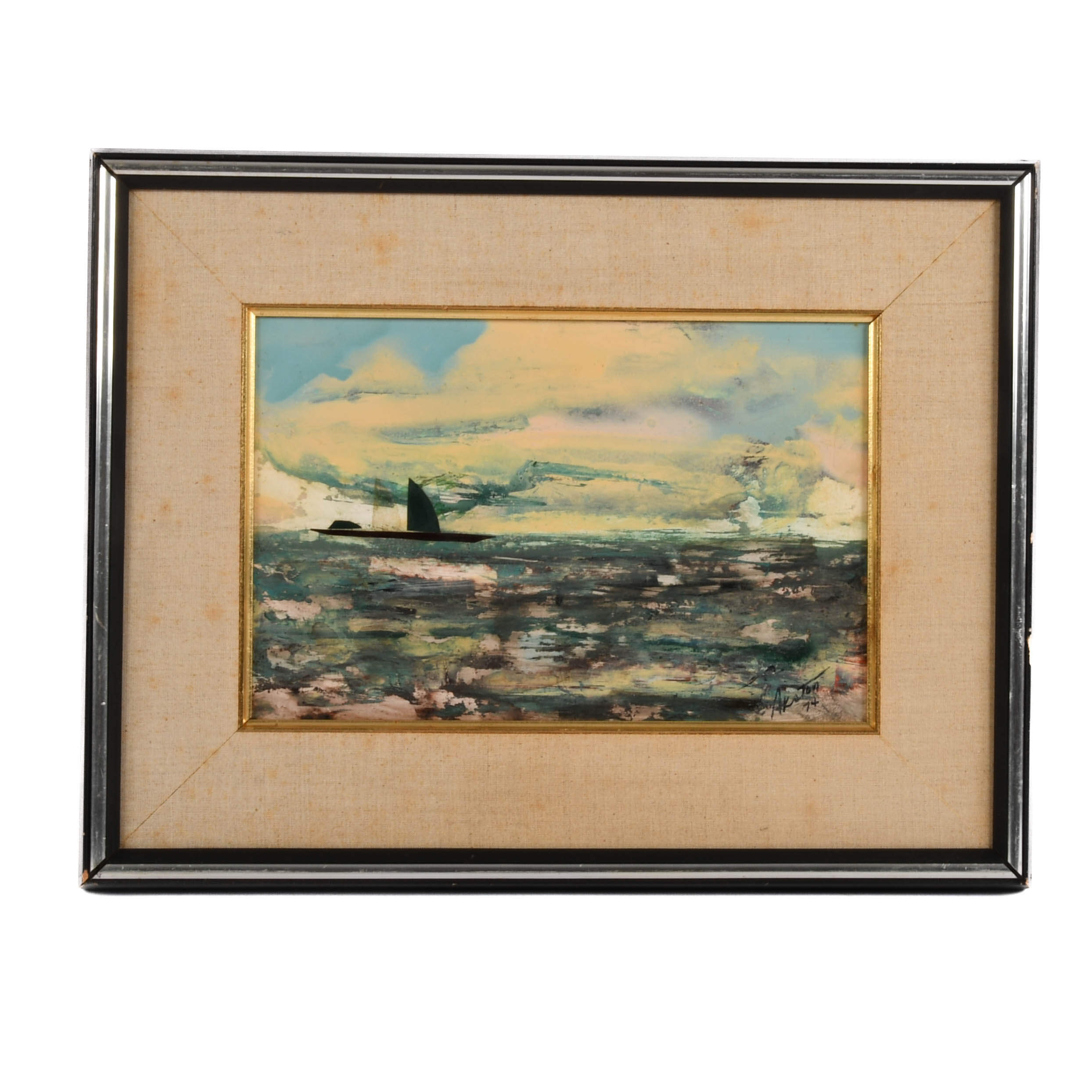 Framed Signed J. Akston "Lonely Voyager III, 1974" Acrylic on Paper-1