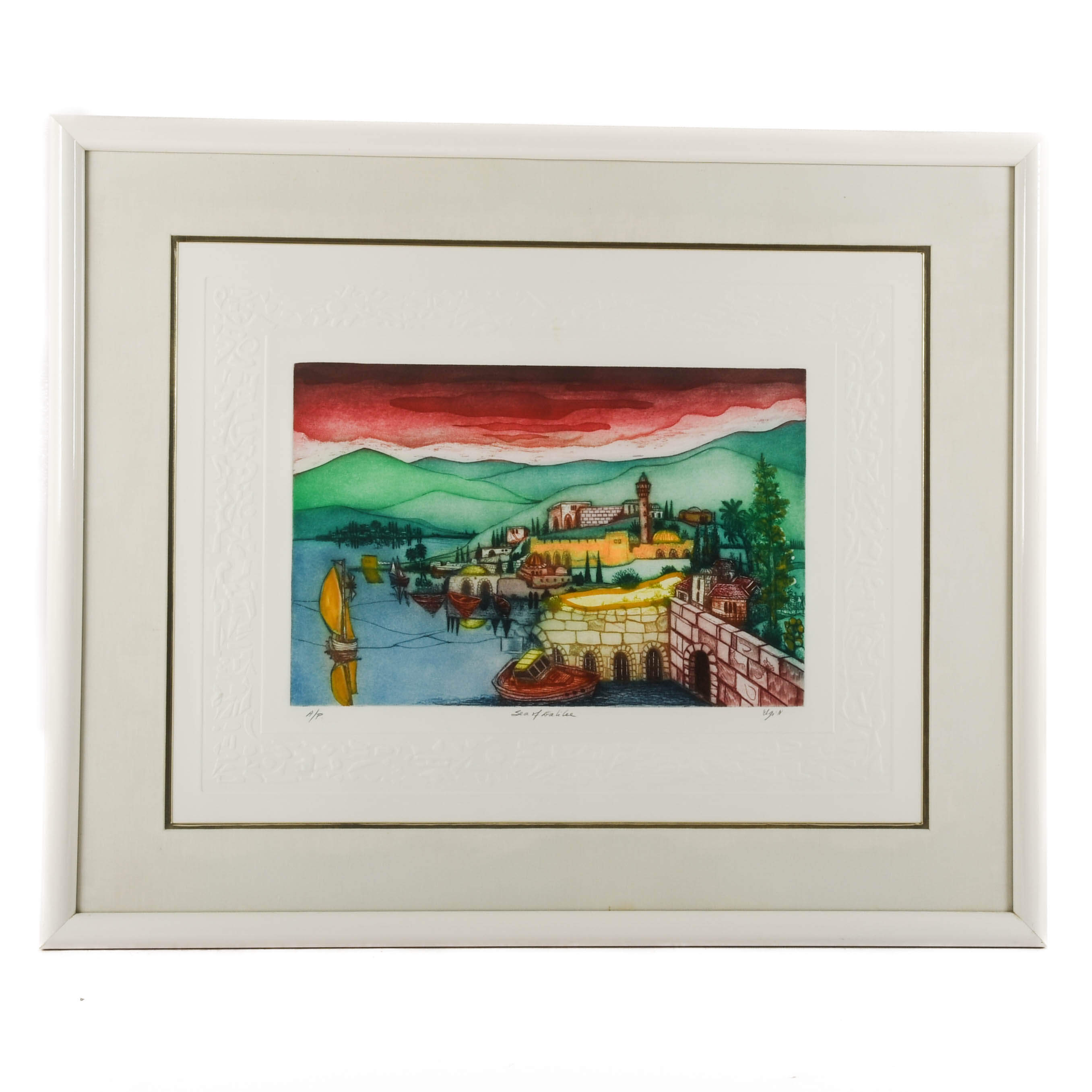 Framed Signed Amram Ebgi "Sea of Galilee" Colored Etching Artist's Proof-1