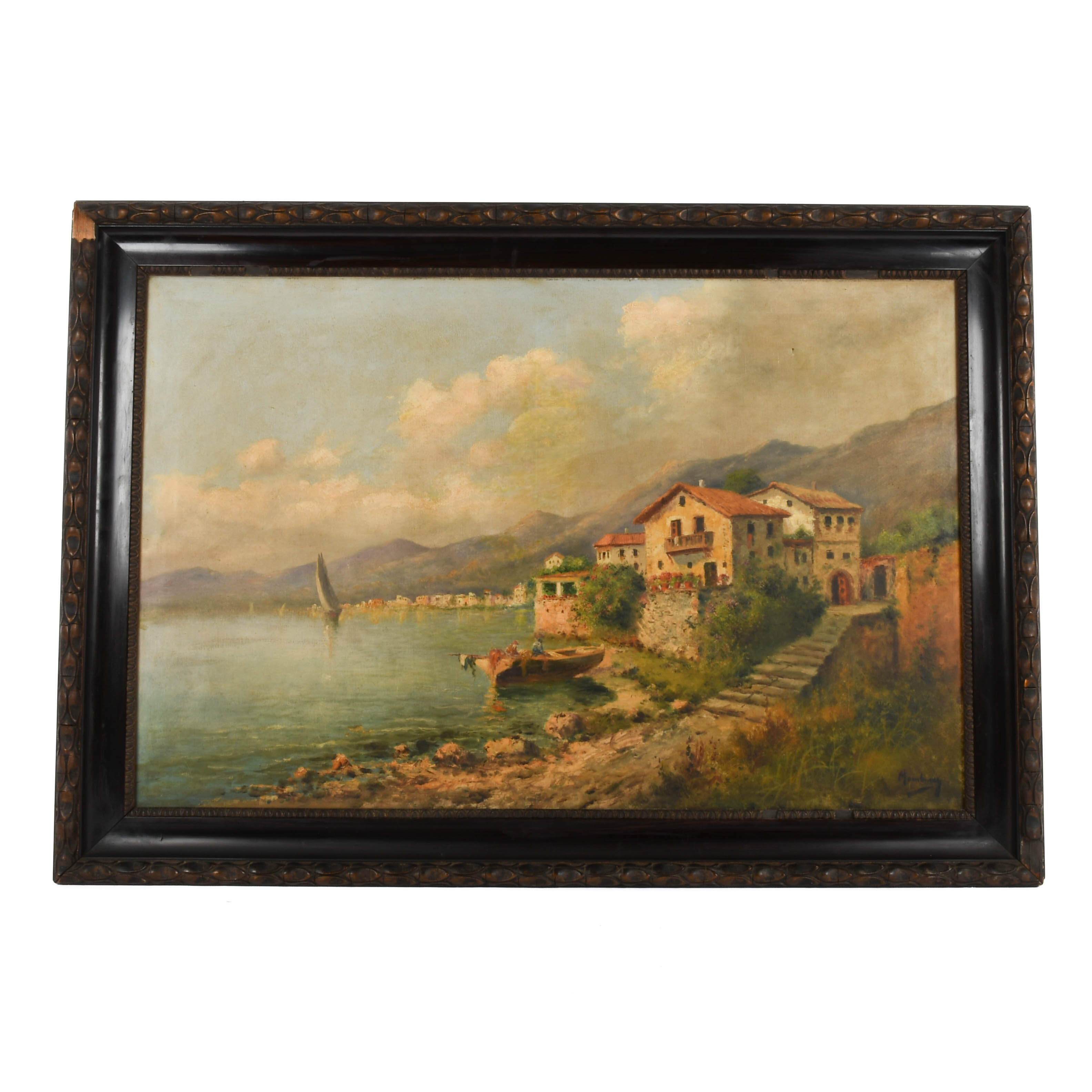 Framed Signed "Mediterranean Bay" Oil on Canvas-1