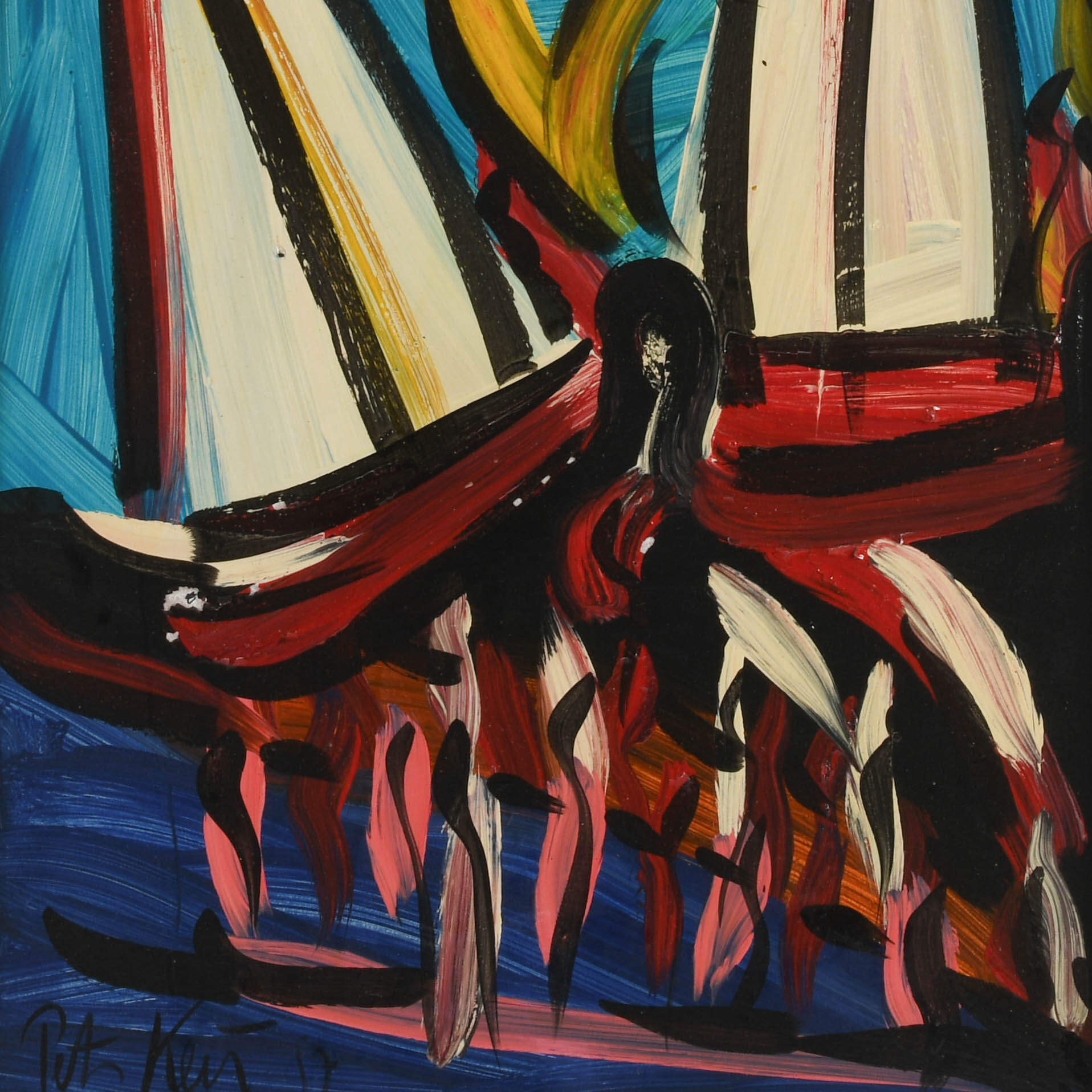 Framed Signed Peter Keil "Moonlit Regatta" Mixed Media Masonite-3