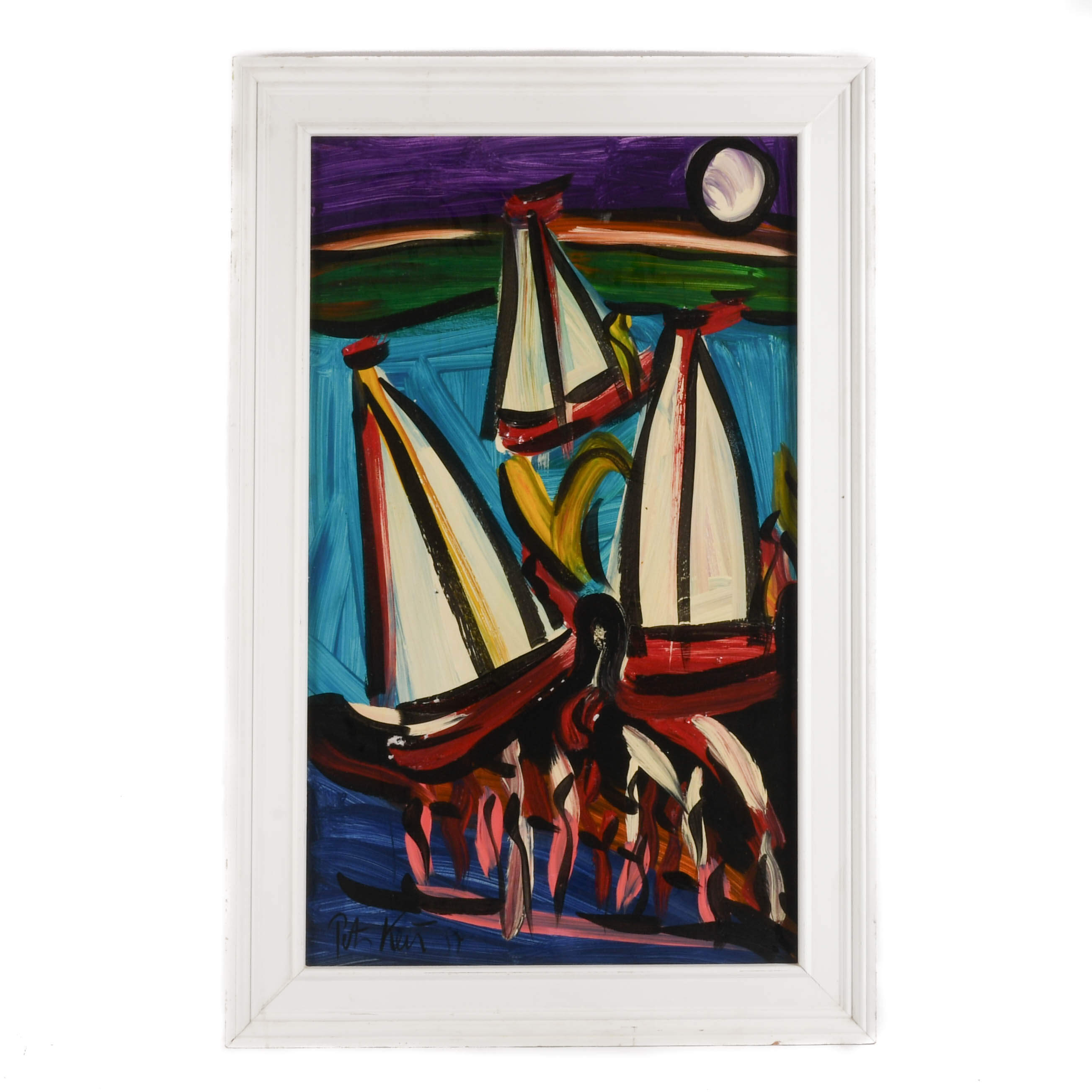 Framed Signed Peter Keil "Moonlit Regatta" Mixed Media Masonite-1