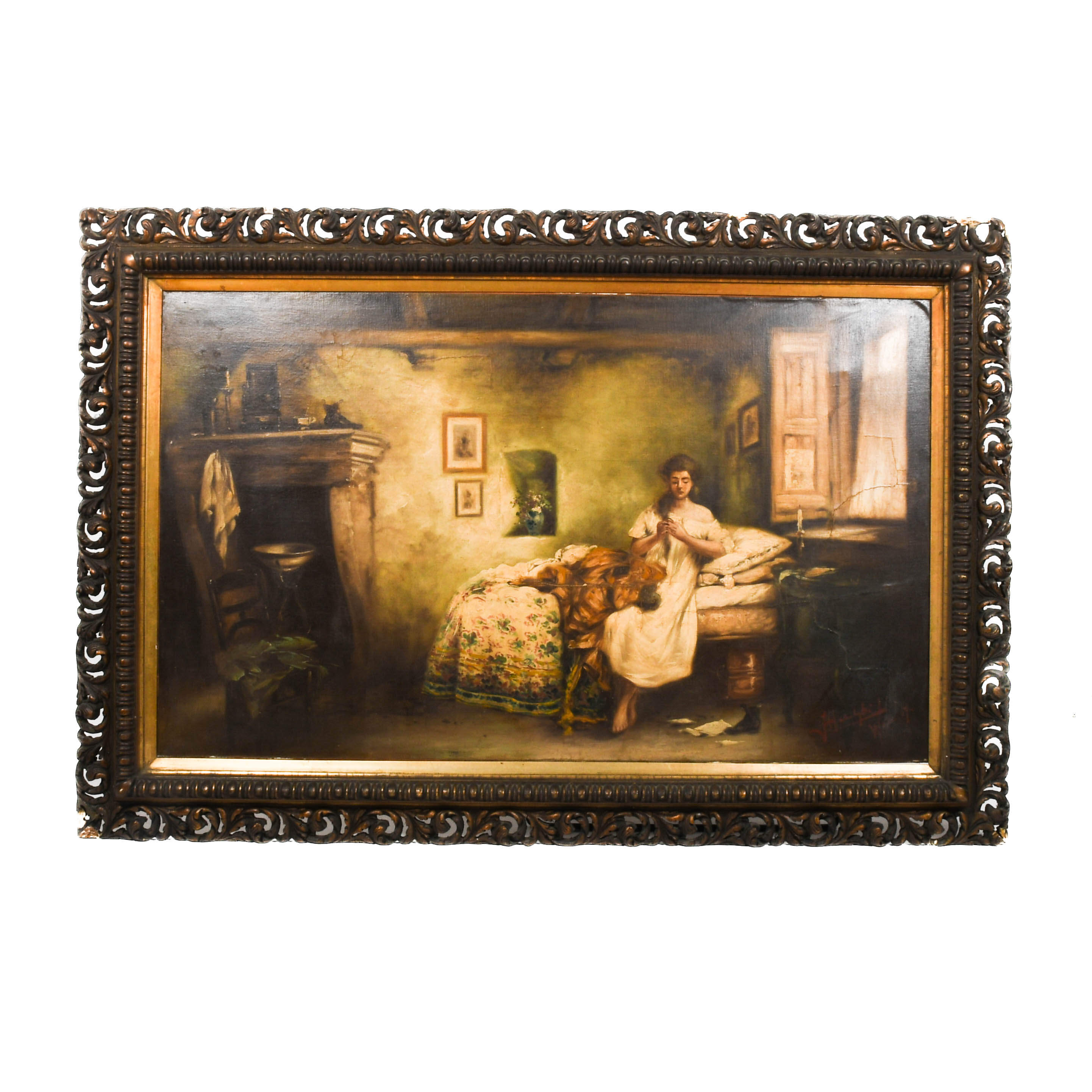 Antique Framed Signed "Sadness" After Gerolamo Induno-1