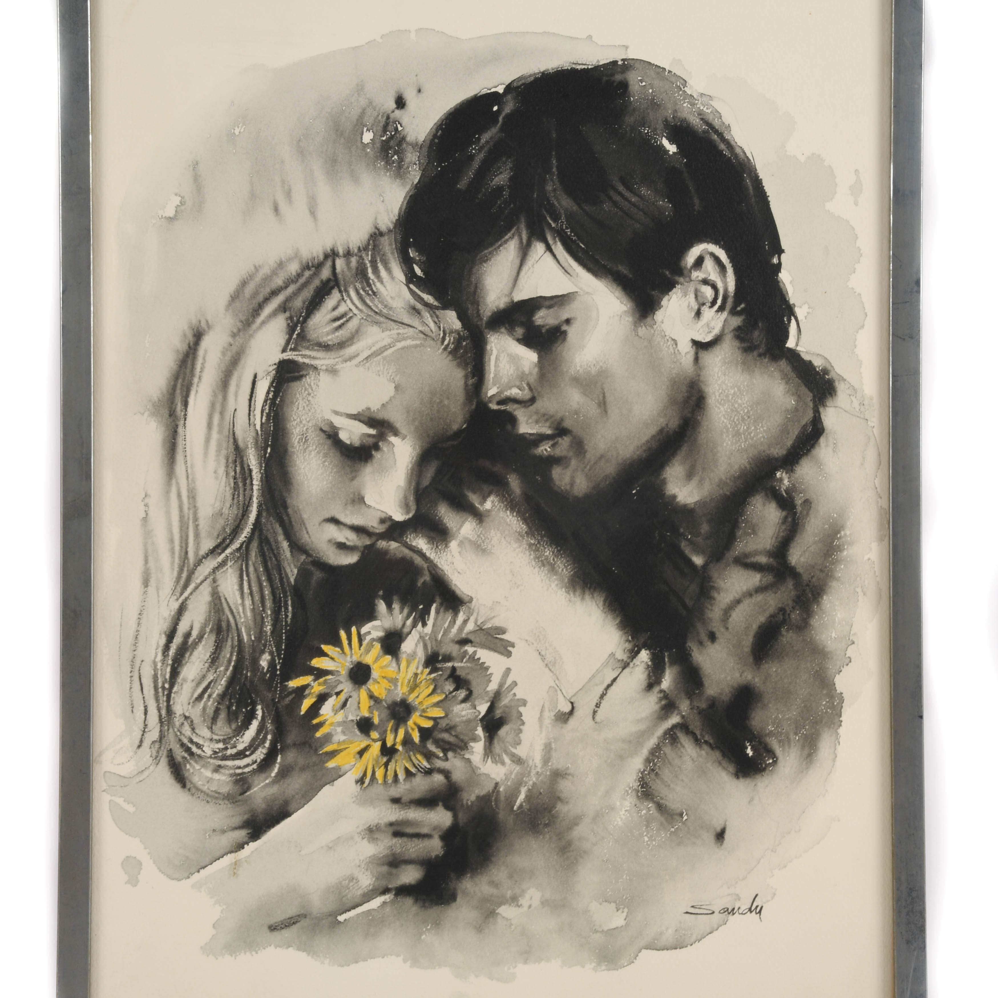 Framed Signed Sandu Liberman "Young Lovers" Gouache Watercolor-2