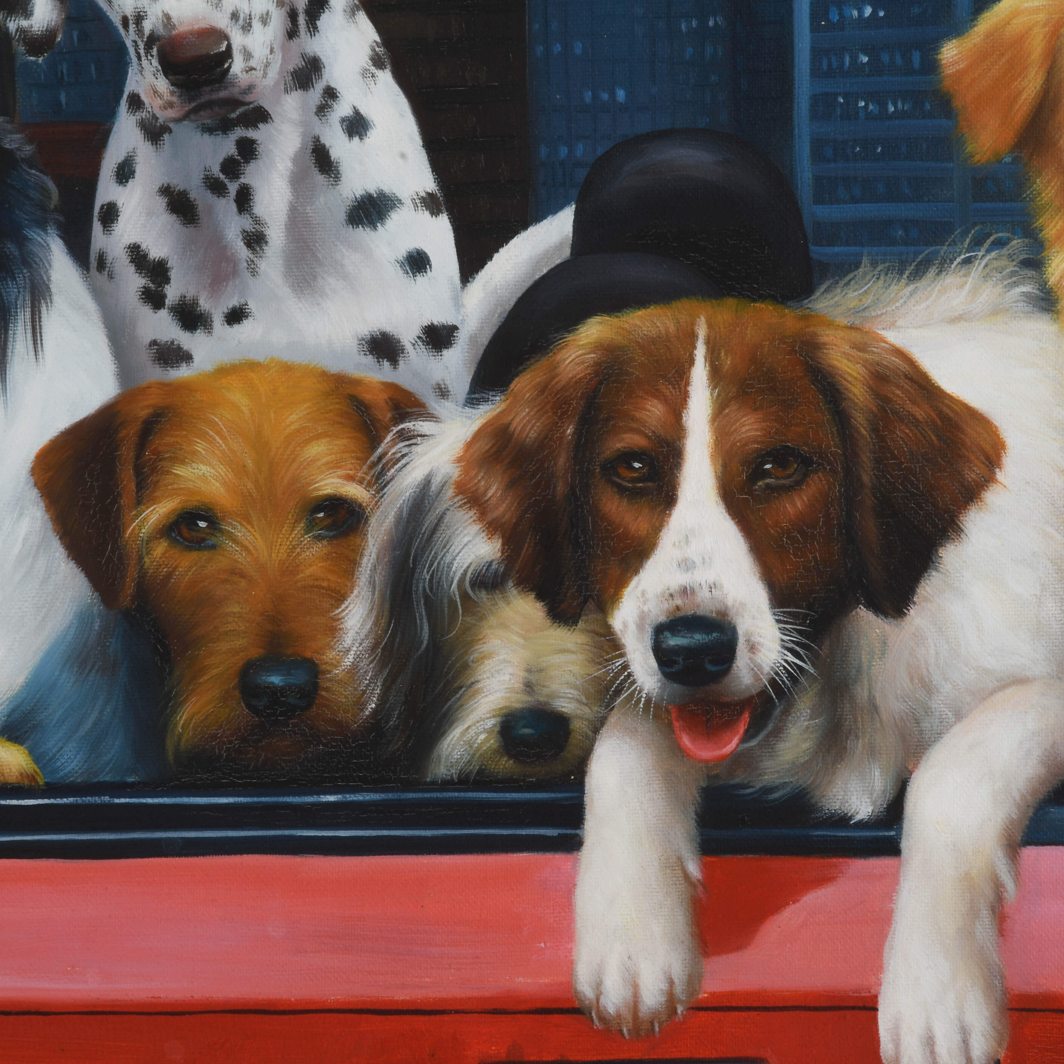 Framed Signed Remington "Canine Convertible Cruise" Oil Painting-5