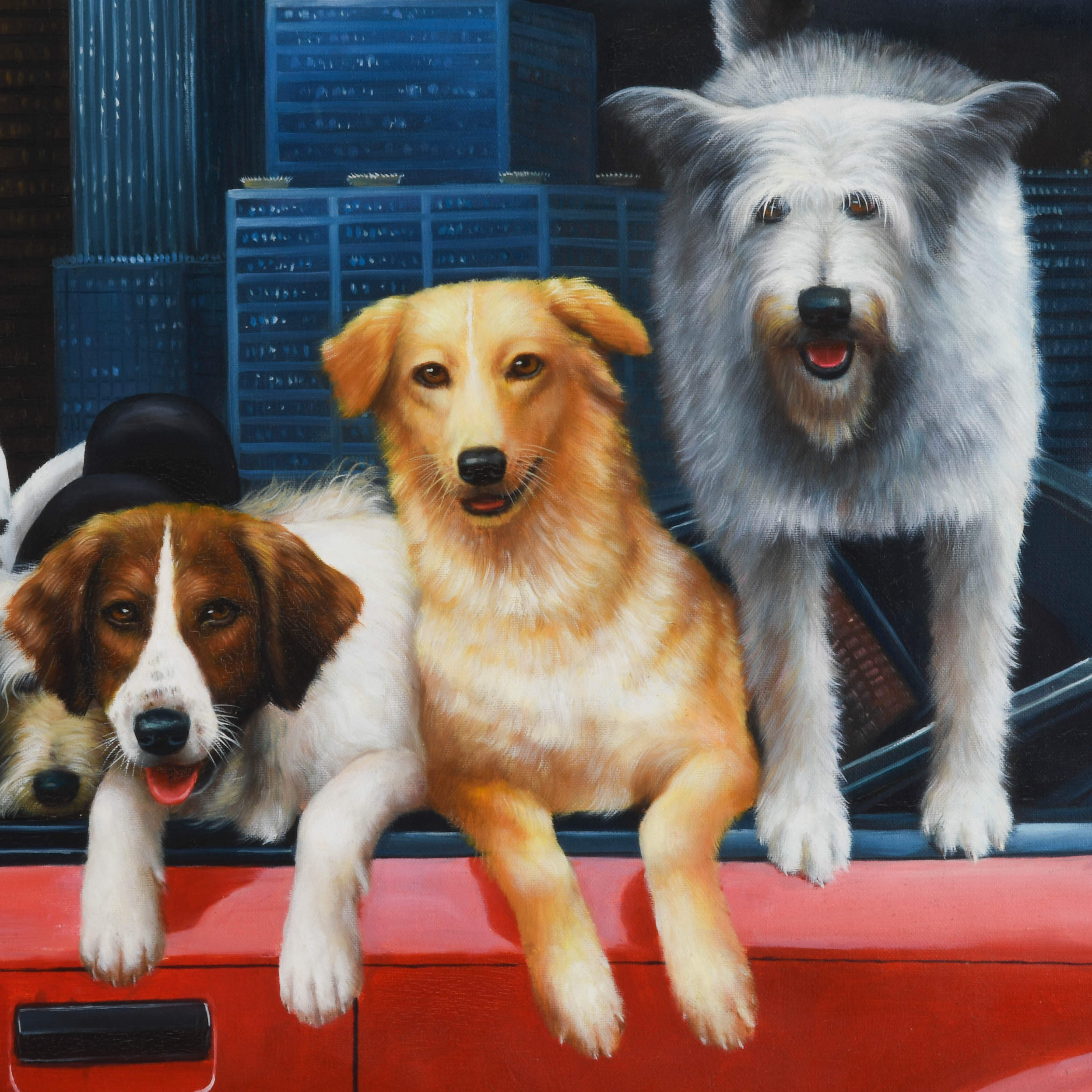Framed Signed Remington "Canine Convertible Cruise" Oil Painting-4
