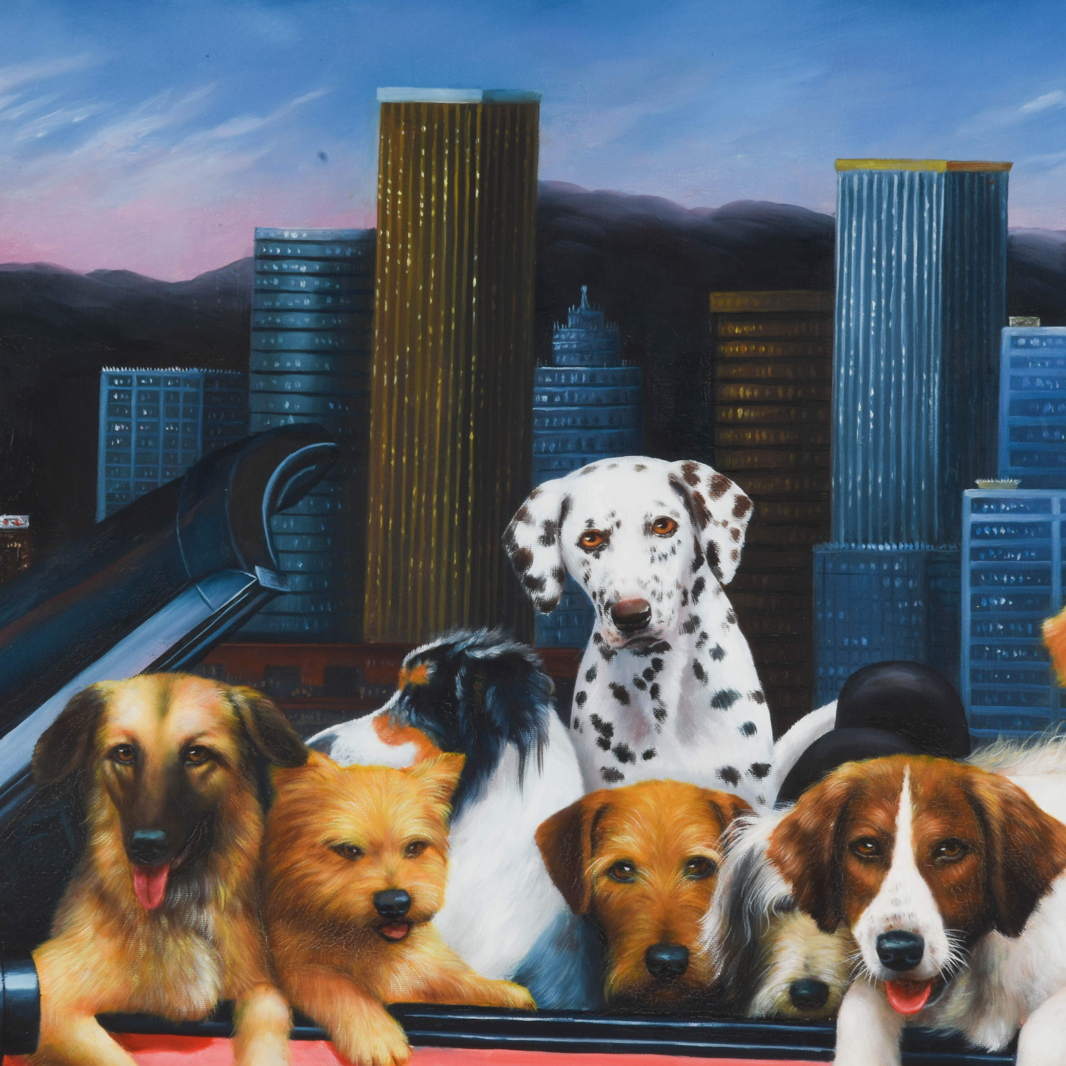 Framed Signed Remington "Canine Convertible Cruise" Oil Painting-3