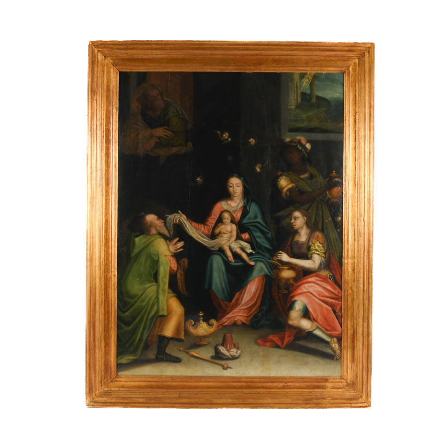 Antique Framed Adoration of the Magi Oil on Board-1