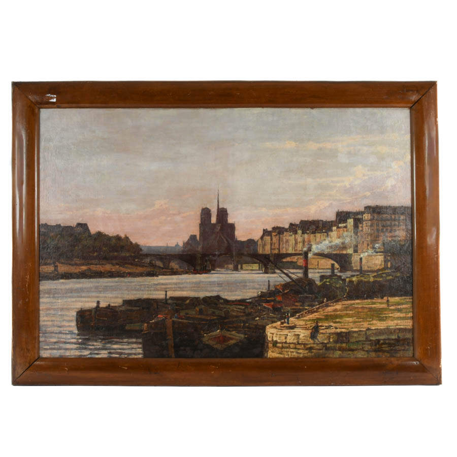 Antique Framed Twilight on the Seine Oil on Canvas by Luigi Craveri-1